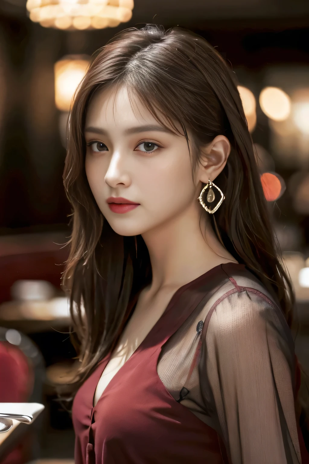 masterpiece, highest quality, Realistic, Very detailed, Finer details, High resolution, 8k wallpaper, One beautiful woman, Wear an elegant black see-through blouse, In a great restaurant, At night, Light brown shaggy haircut, Perfect dynamic composition, Beautiful and beautiful eyes、Big earrings