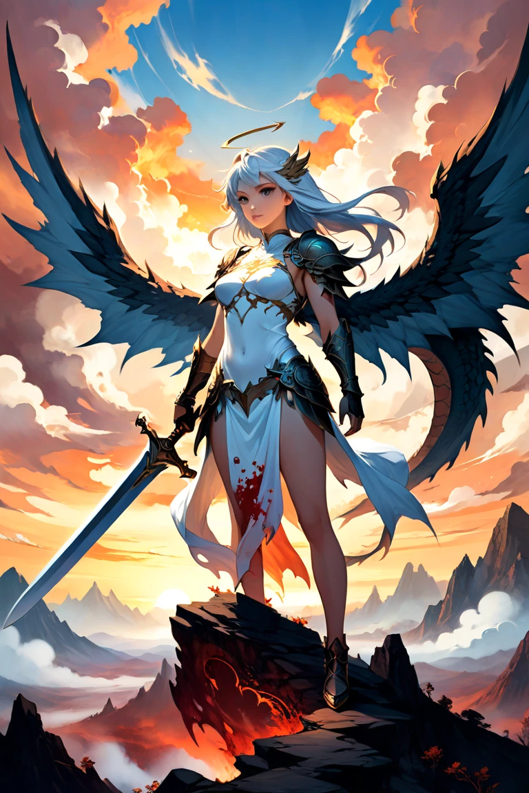 Perfect human model cute angelic girl posing, warrior cutting with sword, full body, cool shoes, precise detail, detailed face, fantasy, dramatic, complex, elegant, highly detailed, digital painting, artstation, concept art, smooth, sharp focus, illustration, art by Gustave Doré, octane rendering, 4k --auto --s2