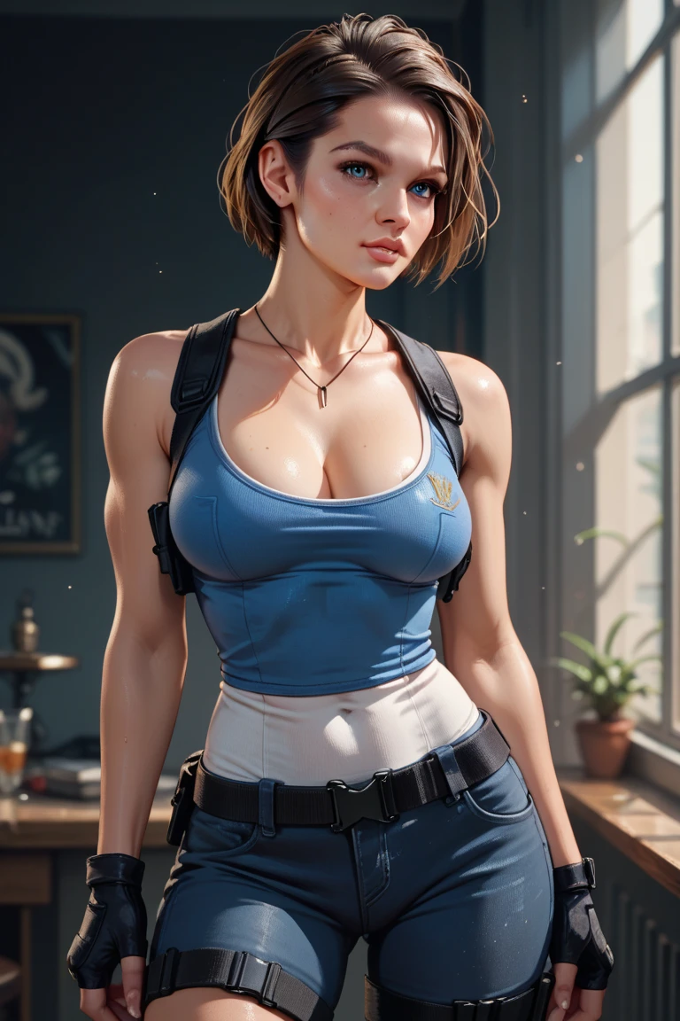 best quality, Ultra-high resolution, (Reality: 1.4), beautiful Eyes, Super beautiful, Very short hair, beautiful, Honey, Big chest T-shirt, beautiful Soldier, Attract the audience's eyes, lover's perspective, Invitation to express, Sexy smile, Perfect style, Perfect balance, Delicate skin, Naughty eyes, Visible chest