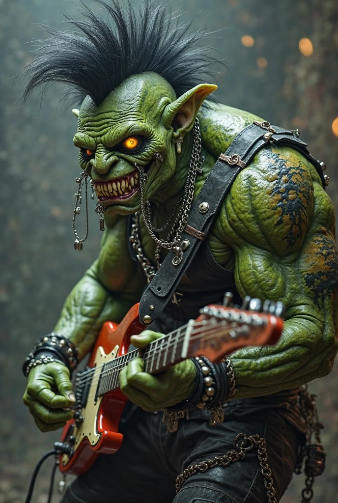 Create a green-skinned orc who is a heavy metal fan and is 2 meters tall and is both muscular and fat at the same time in world 