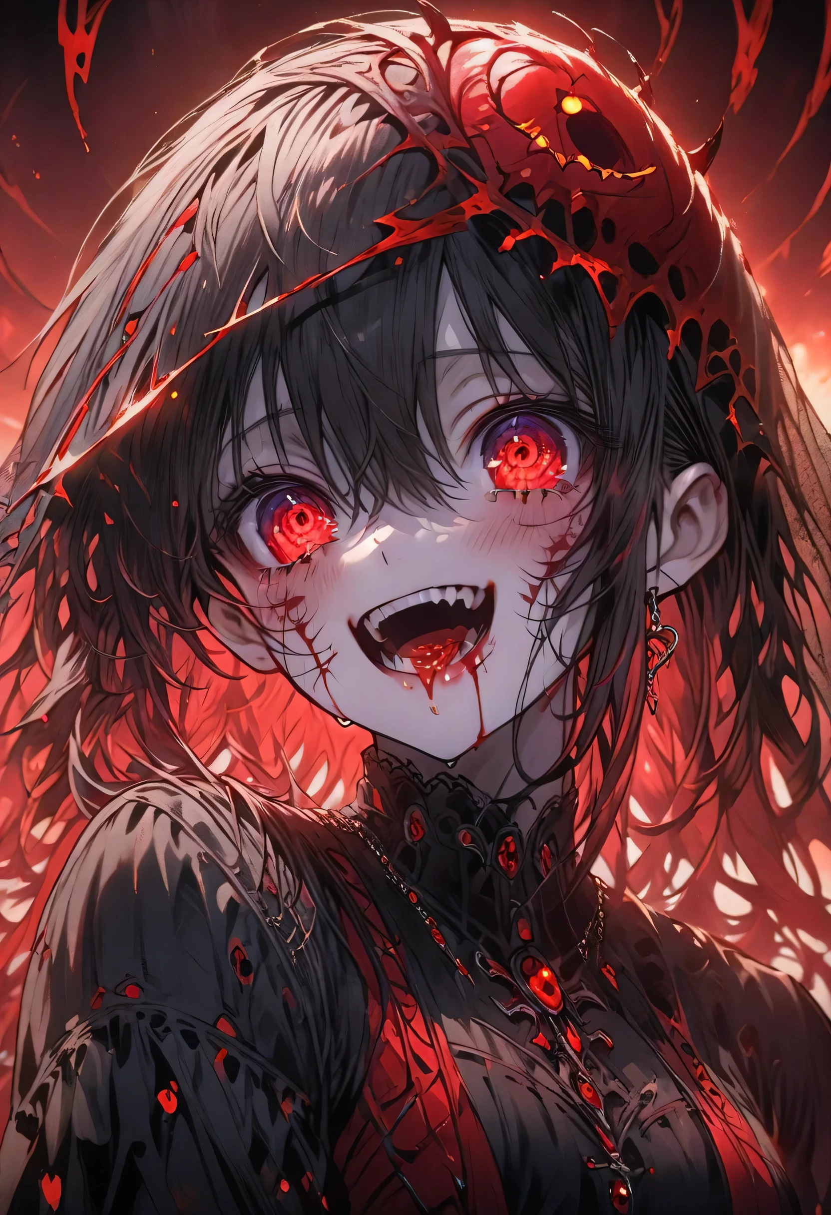 (((Nsfw, Vulgar))),wet-on-wet oil painting depicting a dark angel, a semi-realistic full body portrait, blood on the angel face,, red eyes, gorgeous painting, breathtaking, semirealistic, beautiful colors, evil, beautiful red eyes, detailed textures, massive blackdark feathers, blood, white hair, evil grin, evil smile
