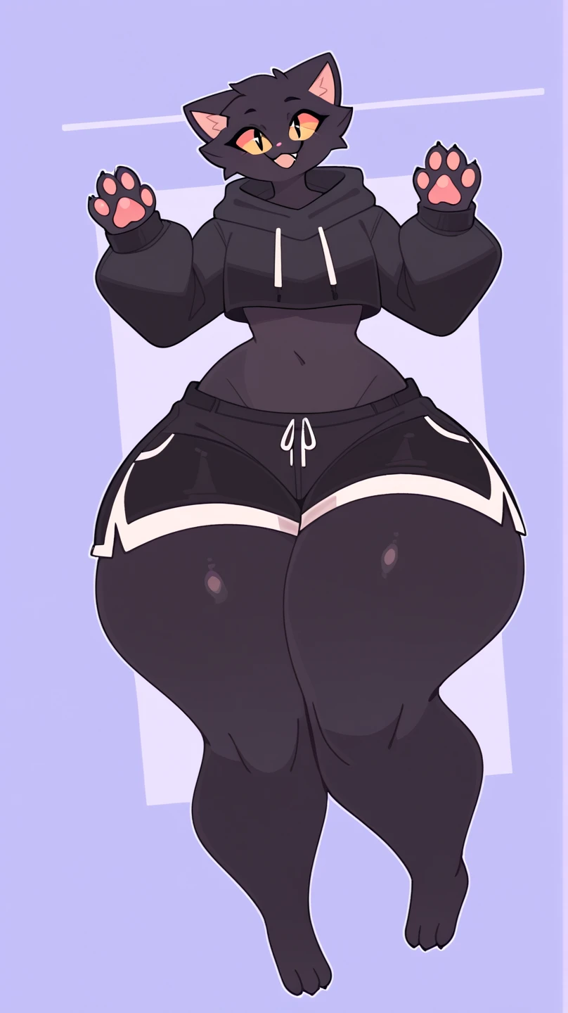 score_9, score_8_up, 1boy, solo, male, black fur, bald, cat, wide iris, furry, short, anthro, fluffy, cute, smile, pawpads, thick thighs, girthy thighs, wide hips, thick arms, 4 fingers, black top, long sleeves, croptop, long shorts, accurate, high resolution, high quality