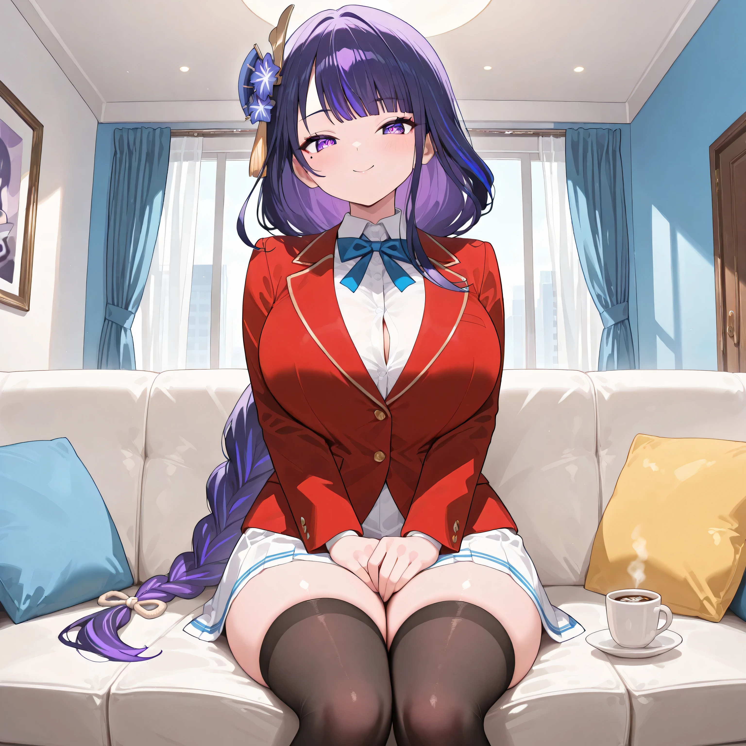 masterpiece, high quality, best quality, very aesthetic, absurd, raiden shogun, braids, long hair, one mole, one mole under the eye, fullblack stocking (zettai ryouiki), purple eyes, purple hair, wearing a red blazer with yellow stripes, blazer, wearing a white shirt, wearing a short white skirt with black stripes, blue light ribbon, wearing black stocking, beautiful purple eyes, long purple hair, very big breasts, smile face, sexy pose, solo woman, anatomical details,smile face , sexy, indoor, best quality, nice eyes, solo woman, looking at the audience, plump thighs, perfect background, Oppai / Slim body big breasts, only one woman, perfect big thighs, side, 4k resolution, livingroom, black stocking, stocking, sit on sofa, apartment, livingroom,indoor, drinking coffee