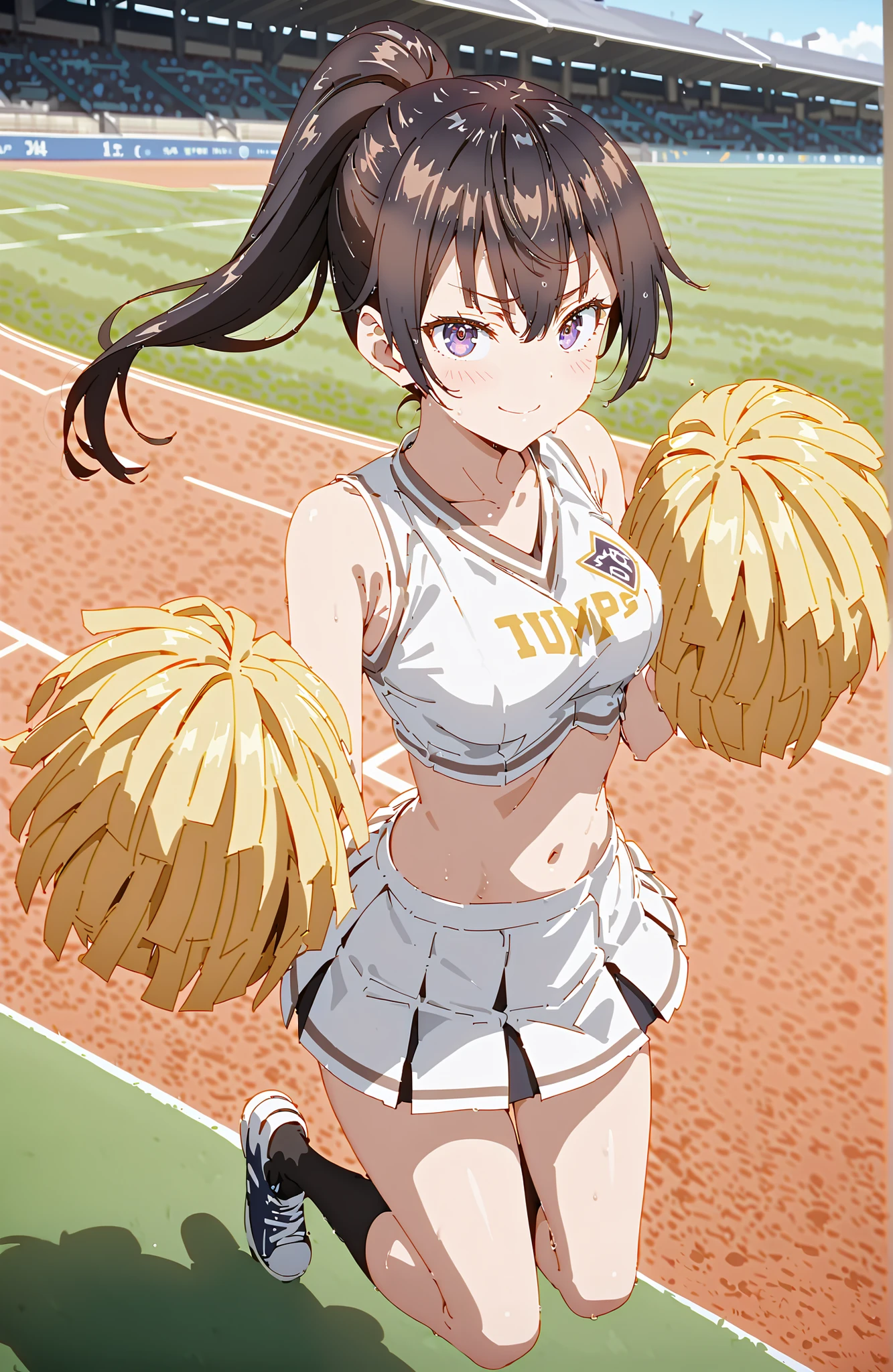 score_9, score_8_up, score_7_up, source_anime,  yuki suou,side lock, bungs, brown hair, black hair, hair between eyebrows, purple eyes, ponytail,smile,blush,grinning,(cheerleading), (full body),  on chest, (sweated), sweated Wet Clothes, (white clothes),Sleeveless, pleated skirt,black socks,sneakers,  stomach button support , playground, (jump), (jump),両足を曲げてjumpする, , blue sky,  Compa, smile,cheerleader, Pom-pom \(cheerleading\) real hair ornaments,full bodyがイラストに入るように,break looking at viewer,full body,
break outdoors,stadium,,
break (masterpiece:1.2), best quality, high resolution, Unity 8Kの壁紙, ( illustration :0.8), (beautiful detailed eyes:1.6), Highly Detailed Face, perfect lighting, Highly Detailed CG, (perfect hand in h, perfect anatomy),