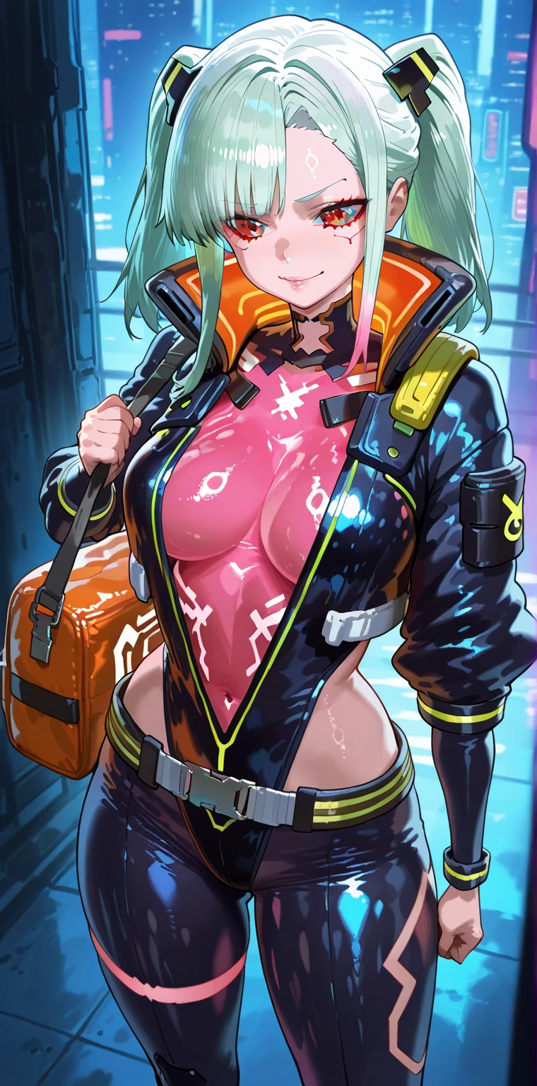 crisp image, score_9, score_8_up, score_7_up, source_anime, 1girl, green hair, glossy skin, sweaty skin, oiled skin, highly detailed, goth, bangs, eyeliner, blush, BODY HALTER, choker, sci-fi clothes, cleavage, clothes, perfect eyes, tattoos, makeup ruin, lewd smile, happy, huge breast, background location strip club, cyberpunk, city skyline, low light, neon light, neon, glowing, cinematic lighting, volumetric lighting, red color lighting, sexy pose, Speech bubble, (says daddy), floating hearts, stand up, view from down, looking up at viewer,bimbo