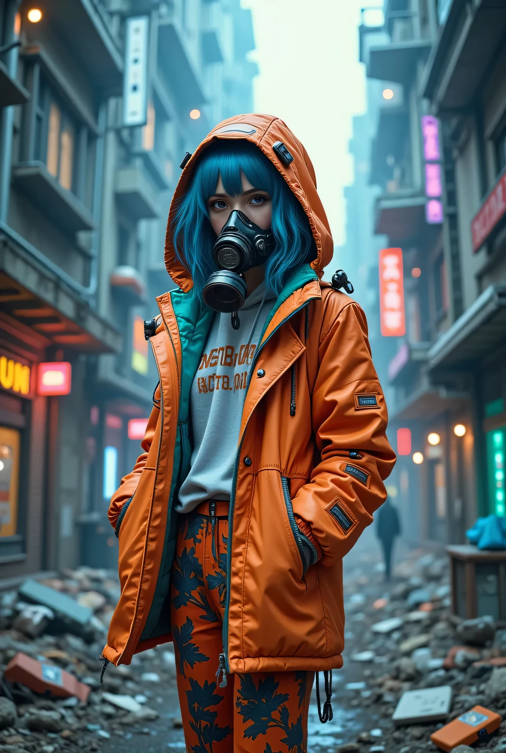 Clothes of the Future　 ( wearing colorful clothes )girl,blue hair , (the ruins of a cyberpunk city after the thermonuclear war, neon), ,detailed face　Wide-leg trousers　large hooded coat　reality　 GAS MASK
