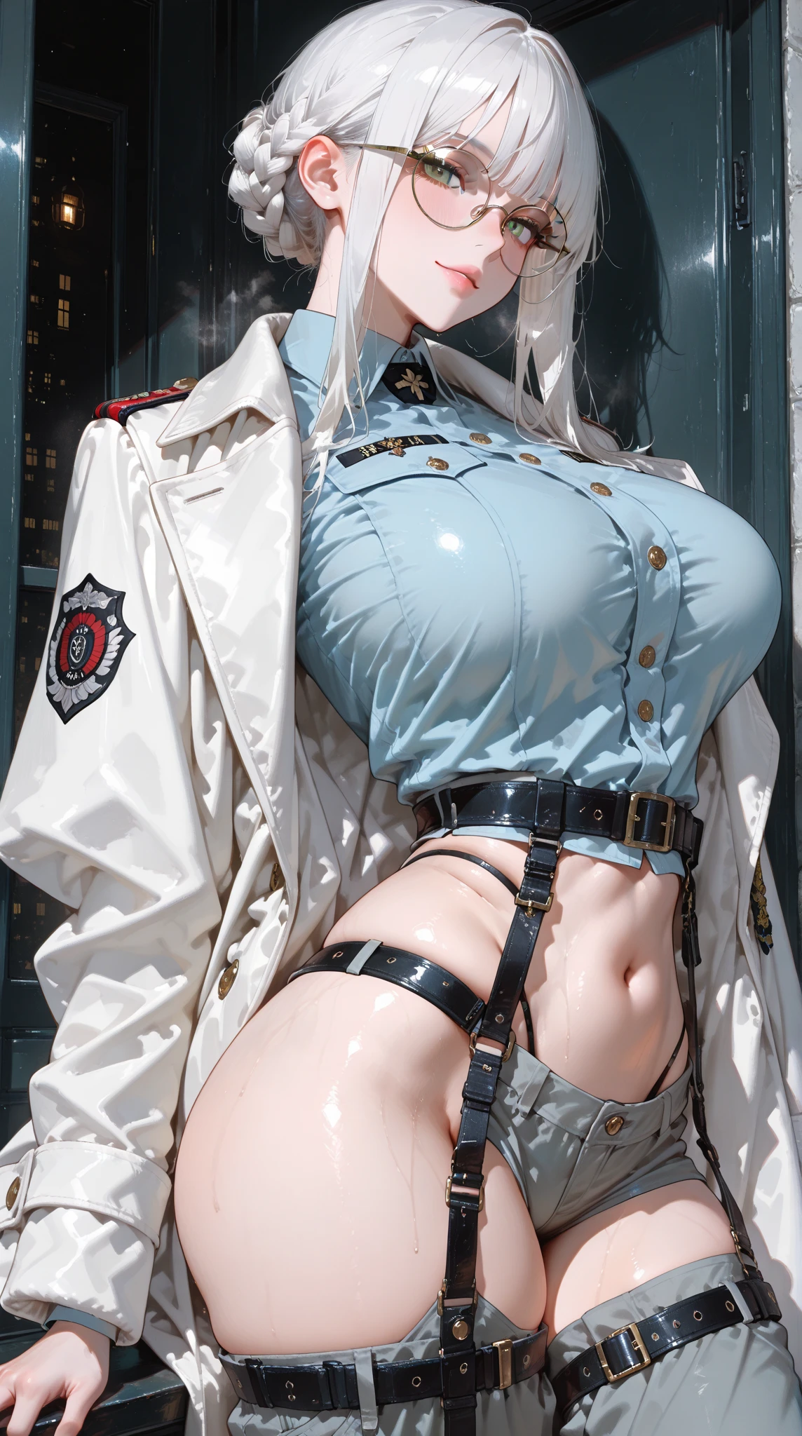 8K, Top Quality, Intricate Details, Ultra Detail, Ultra High Resolution, Masterpiece, close up shot, (full body: 1.1), Slender, Smile, (Makeup: 0.4), ((sexy pose,)), (Fluffy blue Eyes: 1.21), (()), 1girl, solo, 1 girl, ((blue hair, bangs, very long hair, )), close up shot, , ((tall)), (((fit body))), (((slim face))), sharp face, ((wind blow, strong wind, wind blow hair, wind blow jacket )) , (detailed face), sharp face, small lips, perfect hands, (()) ((skin tight outfit,)), , (()),, detailed face, detailed breast,, huge breast , ((detailed nipples)), detail ass, Narrow Waist, Skinny, tall , 175 cm tall, Muscular, Navel, Exposed Abdomen, Pointed Chest,, Beautiful girl with accentuated slender abs: 1.4, Six Pack Abs: 1.4, Bust Botox, Big, Perfect Body, detail leg, (( dark background)), black background,