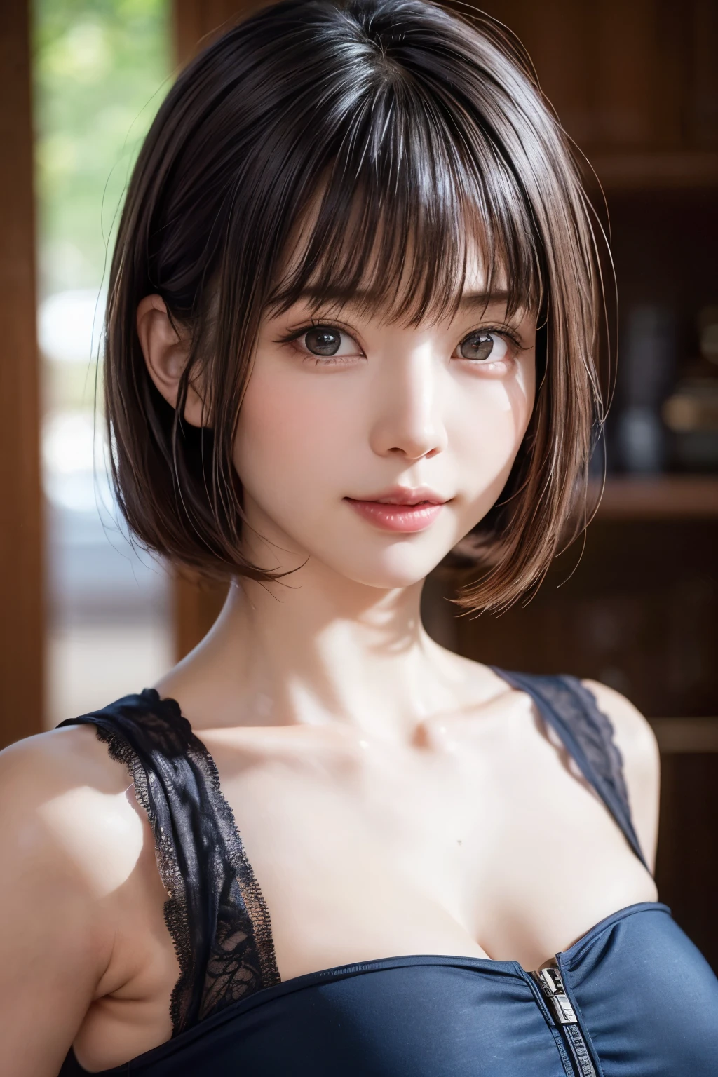 (table top, highest quality、ultra high resolution、face focus focus、focus on the sides、navel focus、decolletage focus、very attractive beauty、Adds intense highlights to the eyes、look closely at the camera:1.4、Absolutely beautiful bangs:1.4、Brunette short bob hair with bangs:1.4),1 girl, Report, black haired, realistic, looking at the viewer, pale black eyes, short hair, lips, lip gloss, Upper body、Big eyes、eyelash)、((italian natural background、hyper real stick:1.4))、((short hair with bangs:1.4、Beautiful bangs with 46 points:1.4、{Huge|big|Hugeな|mega} chest:2, cleavage:2、Big eyes、Give students very powerful highlights、very bigger chest、look at the audience、very beautiful beauty、show me your ears、beautiful long neck、beautiful decollete、smile、A smilee beautiful teeth、Open your mouth and smilee))、28 years old、very cute super model、perfect anatomy