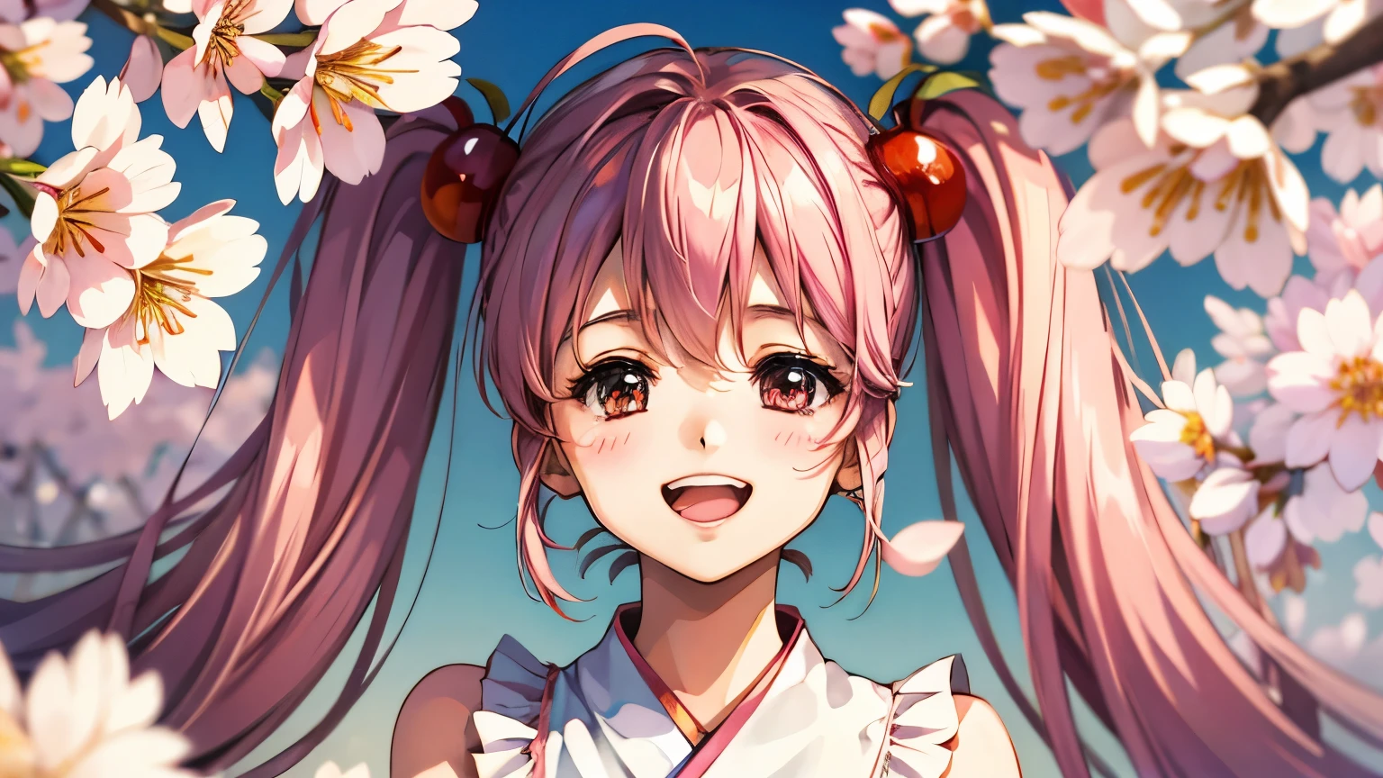 Sakura Miku,high resolution, long hair, look, blushes, smiles, open your mouth, twin tails, best quality, Cherry blossom background