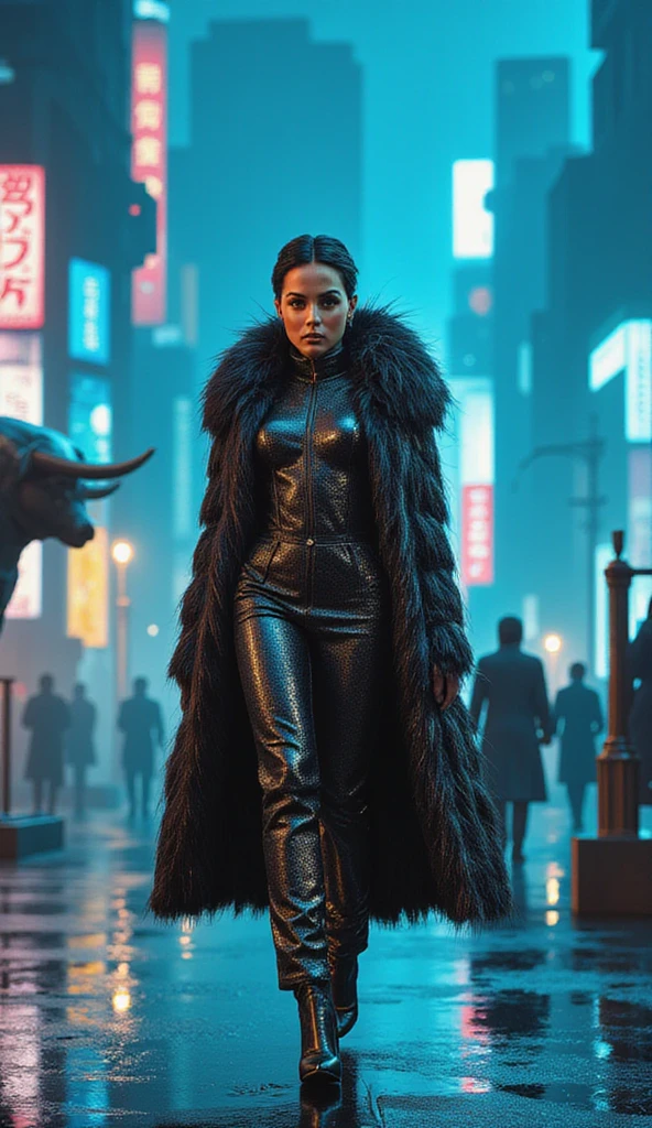 (masterpiece, photorealistic:1.4, extremely intricate:1.3), (photon mapping, radiosity, physically based rendering, ultra resolution, hyper-realistic, 8K), ((mature female, [bodybuilder:supermodel:0.8], ((([large breasts:medium breasts:0.4], (black leather vest, (chrome rivets, leopard bodypaint), topless)), ruby necklace, serious, sad, 30 years old, elegant:1.2)), long eyelashes, [side view:from above:0.3], ((makeup:1.2, red lips)), [skin detail:freckles:0.8]), ((background futuristic neon cyberpunk city street)) professional photograph, (((straight long hair [black hair:bright orange hair:0.6])))), BREAK ((sharp focus, dramatic, award winning, cinematic), bokeh, blurry background, interaction, metal reflections), bright eyes
