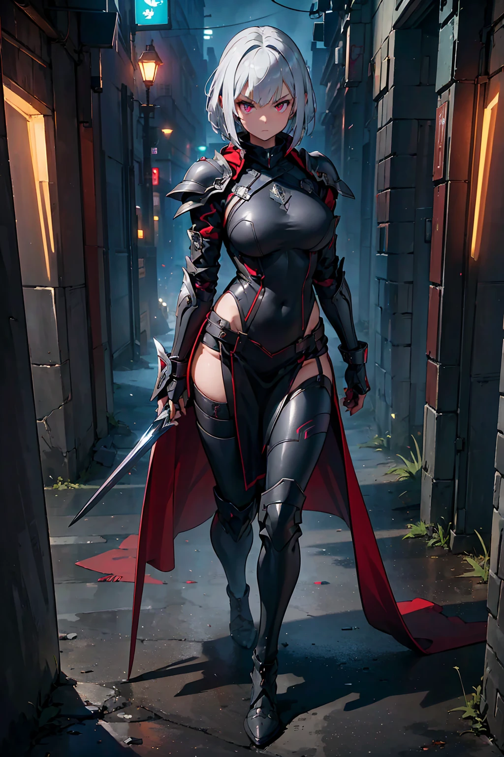 female, silver short hair, red eyes, dark skin, curved black horns, Dark Elf, (((1girl))), (((metal gauntlets))), (knee high metal heeled boots), (black bra), (black panties), (maroon quarter skirt), (brown belt), (black thigh high socks), cute and sexy, long legs, full body, large breasts, large butt, smirking, holding spear