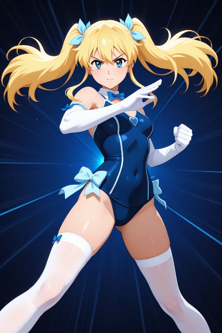 masterpiece, best quality, highres, 1girl, solo, superhero, leotard, bare legs, boots, matching boots, aura, blue aura, sleeveless, gloves, bracelets, matching gloves, looking at viewer, light particles, city backdrop, perfect hands, perfect eyes, powering up, perfect leotard, perfect legs, perfect arms, perfect fingers, blue and white leotard, blonde hair, blue eyes,