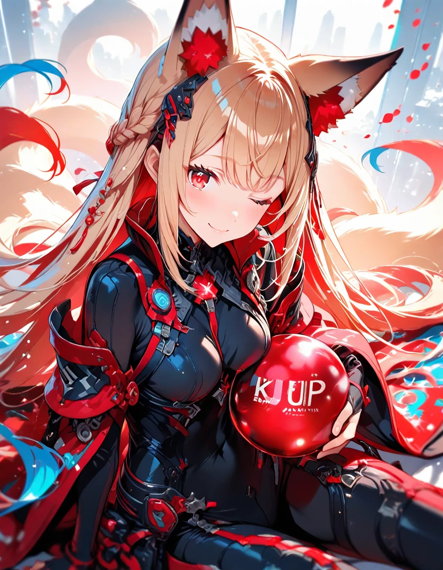 (EyesHD:1.2), masterpiece, best quality, ultra-detailed, very aesthetic, sharp focus, depth of field, vibrant colors, ray tracing, best lighting, detailed illustration, detailed background, cinematic, beautiful face, beautiful eyes,
1girl, solo, long hair, looking at viewer, smile, bangs, blonde hair, red eyes, gloves, white background, animal ears, sitting, very long hair, tail, braid, detached sleeves, one eye closed, black gloves, virtual youtuber, wide sleeves, animal ear fluff, fox ears, bodysuit, covered navel, fox tail, fox girl, bridal gauntlets, black bodysuit, holding hair
,score_9, score_8_up, score_7_up, source_anime ,