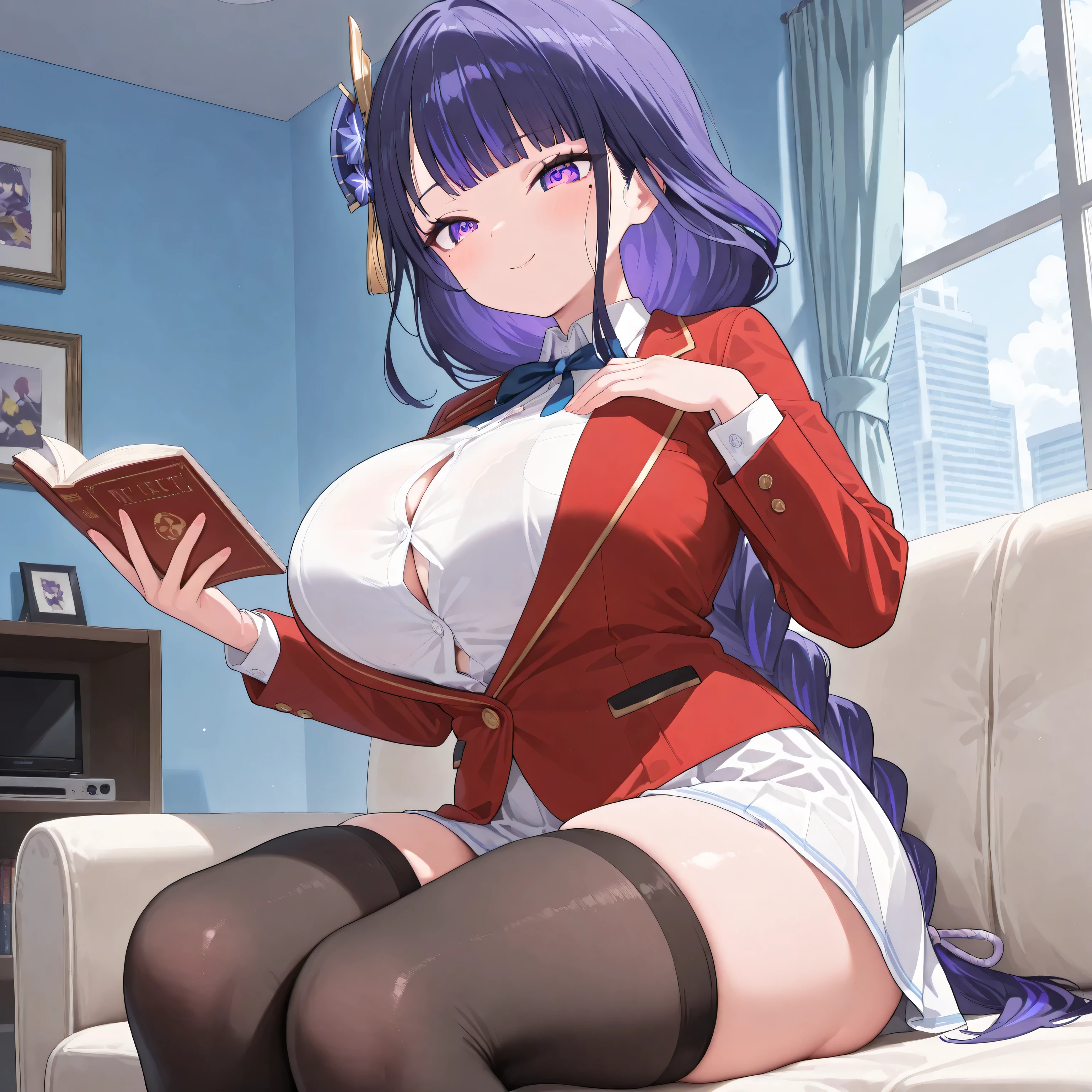 masterpiece, high quality, best quality, very aesthetic, absurd, raiden shogun, braids, long hair, one mole, one mole under the eye, fullblack stocking (zettai ryouiki), purple eyes, purple hair, wearing a red blazer with yellow stripes, blazer, wearing a white shirt, wearing a short white skirt with black stripes, blue light ribbon, wearing black stocking, beautiful purple eyes, long purple hair, very big breasts, smile face, sexy pose, solo woman, anatomical details,smile face , sexy, indoor, best quality, nice eyes, solo woman, looking at the audience, plump thighs, perfect background, Oppai / Slim body big breasts, only one woman, perfect big thighs, side, 4k resolution, livingroom, black stocking, stocking, sit on sofa, apartment, livingroom,indoor, reading book, big ass,the blazer buttons are closed