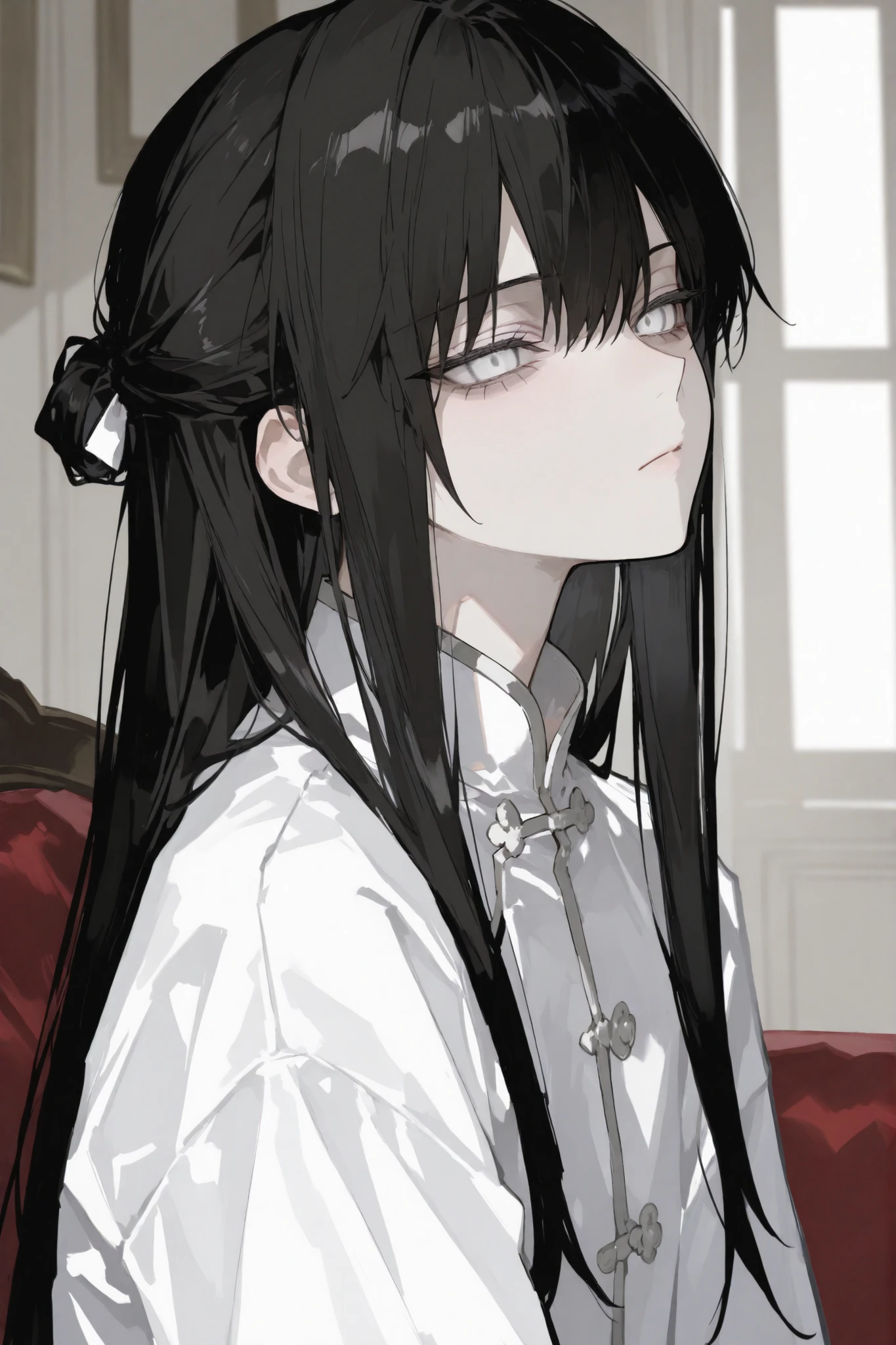 masterpiece, best quality, 1 male, 30 years old, expressionless, straight hair, half updo, long hair, white eyes, black hair, tall, slender, white ao dai