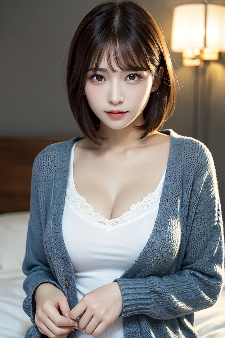 masterpiece、highest quality、figure、 Very detailed、Fine details、 High resolution、8K TV Wallpaper、Perfect dynamic composition、Large Breasts、Beautiful at 31 years old、clear、Detailed face、Fine grain、Textured skin、A faint smile、Wavy short hair、Bold sexy pose、Spring long sleeve blouse、