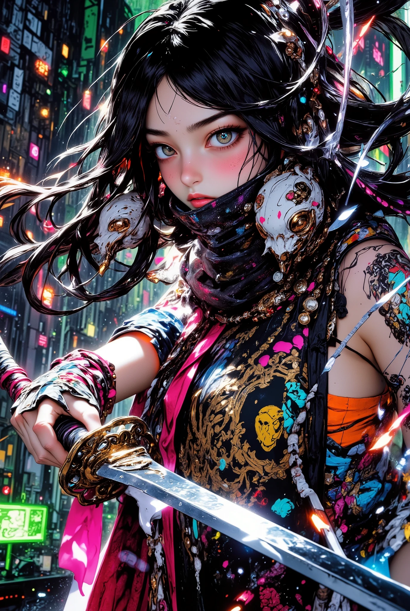 1 Woman, Future cityscape at night, Woman in a hakama with flowing black hair, (((dynamic poses wielding a beautiful sword, splashes of water))), gives an impression of movement and elegance, (((makes a sense of fluidity and strength))), kata211, High Definition, masterpiece, Accurate, top quality, High Definition model, high detail, beautiful detailed, high resolution, 32K, realistic rendering, (Masterpiece, Hi-res: 1. 2), ultra-realistic details, anatomically accurate, beautiful japanese woman, pale silver low ponytail hair, Full body, Perfect white skin, ideal body shape, perfect skin, Detailed thighs, belly button, (((Beautiful Detailed Face))), (((Precise and impressive eyes))), neon body paint, brightly colored wear, psychedelic designs, neon green, orange, purple, Refined Textured, Graceful Posture, cinematic light, bright color, dramatic lighting, Detailed lighting, Detailed Texture, Cyberpunk, Futuristic landscape, auralora, bailing fire, ARW, ArsMJStyle, aidmafluxpro1.1, G0thicL1nes, midjourney whisper innocent eyes, Digital illustration, 3d rendering, niji flux2,