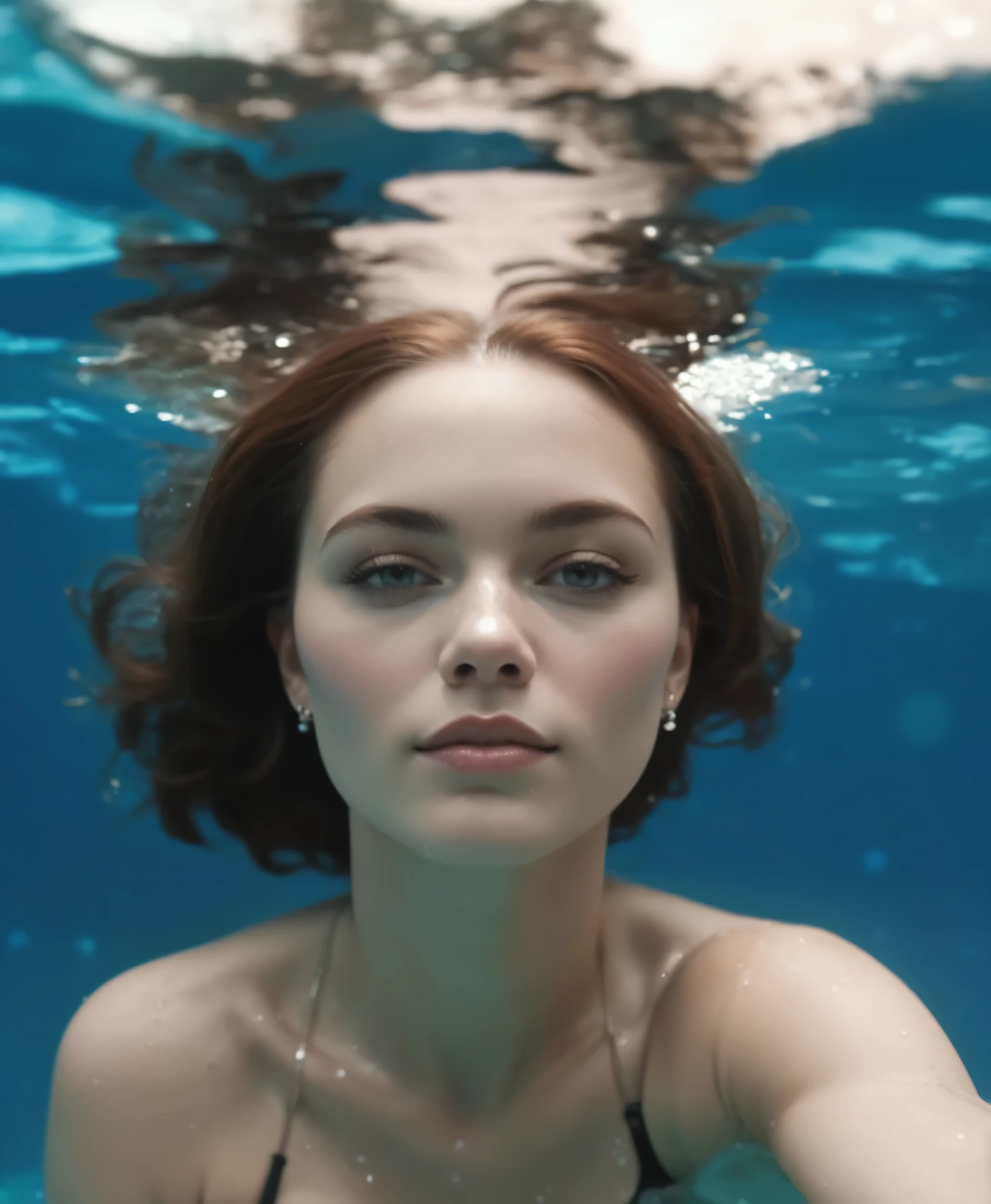 sexy twentytwo year old ginger woman in lace lingerie,  messy hair, beautiful erotic woman, candid photograph, (dramatically lit underwater lake:1.3), (dark shot:1.7), photo-realistic, (film grain:1.4), (masterpiece:1.2), sharp image, analog style, award winning photo, best quality,(shot with kodak 400:1.3), sharp,skin pores, (sunkissed freckles on face:0.6), (shot on Fujifilm X-T4:1.2), angular jawline, high cheekbones, large dull hazel eyes, ( film imperfections:1.2)
