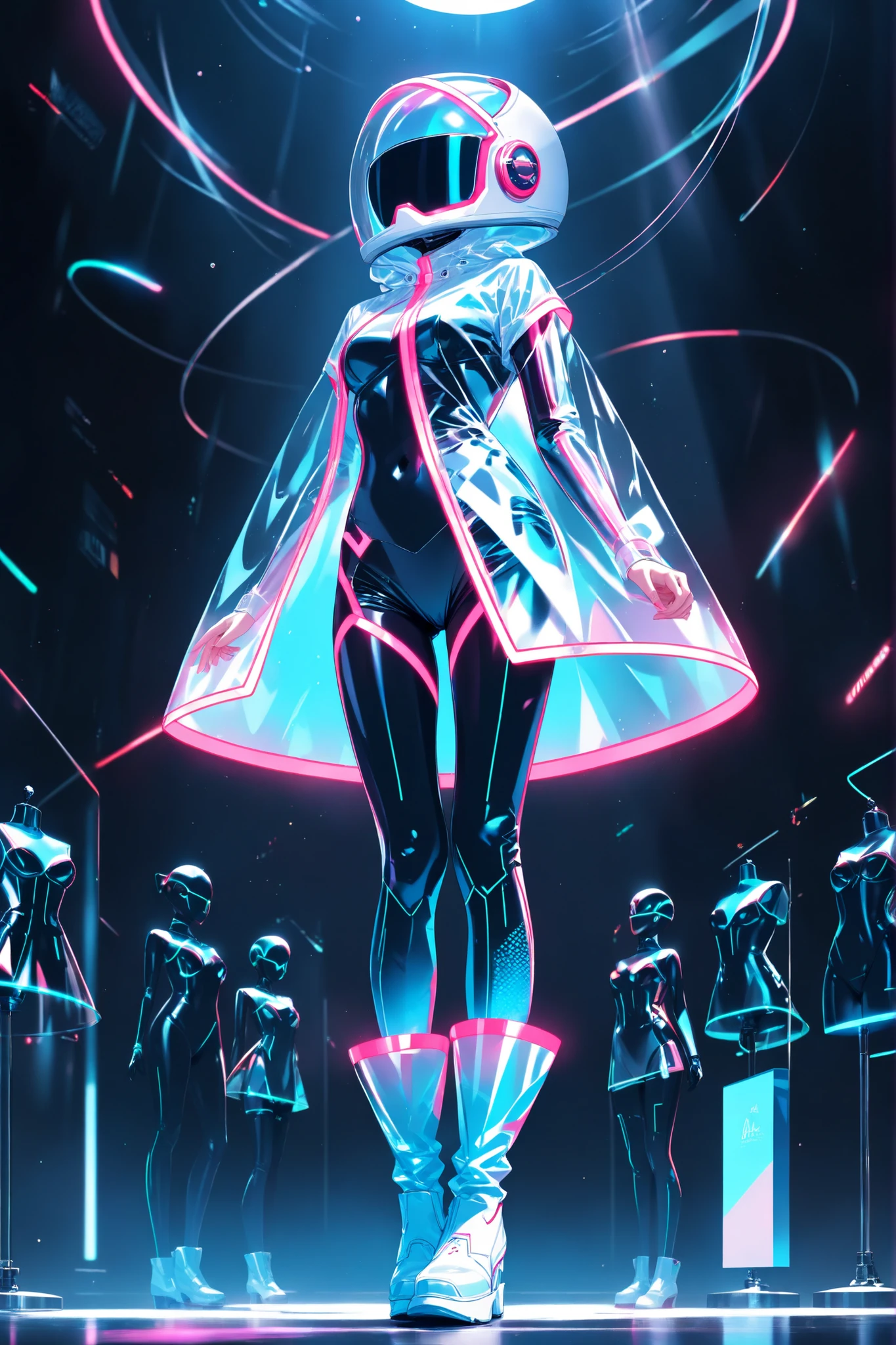 a iridescent translucent full-body raincoat and boots, fluorescent neon light trim, a full-face air purifying helmet, futuristic clothing, black silhouette mannequin, ultra detailed, absolutely resolution, masterpiece