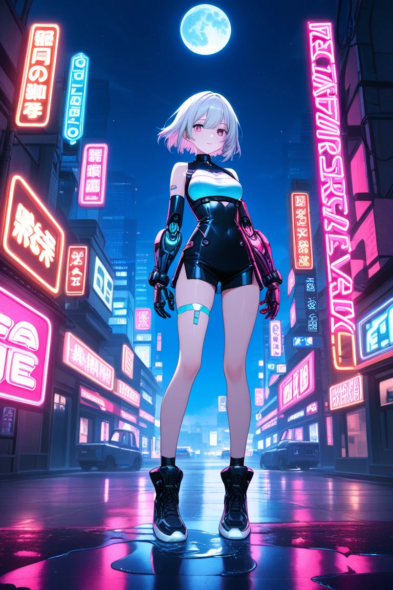 Futuristic clothing、with neon lights on the machine's body、Machine-made arms and legs、LCD、A city with neon lights、puddle、night、moon、
