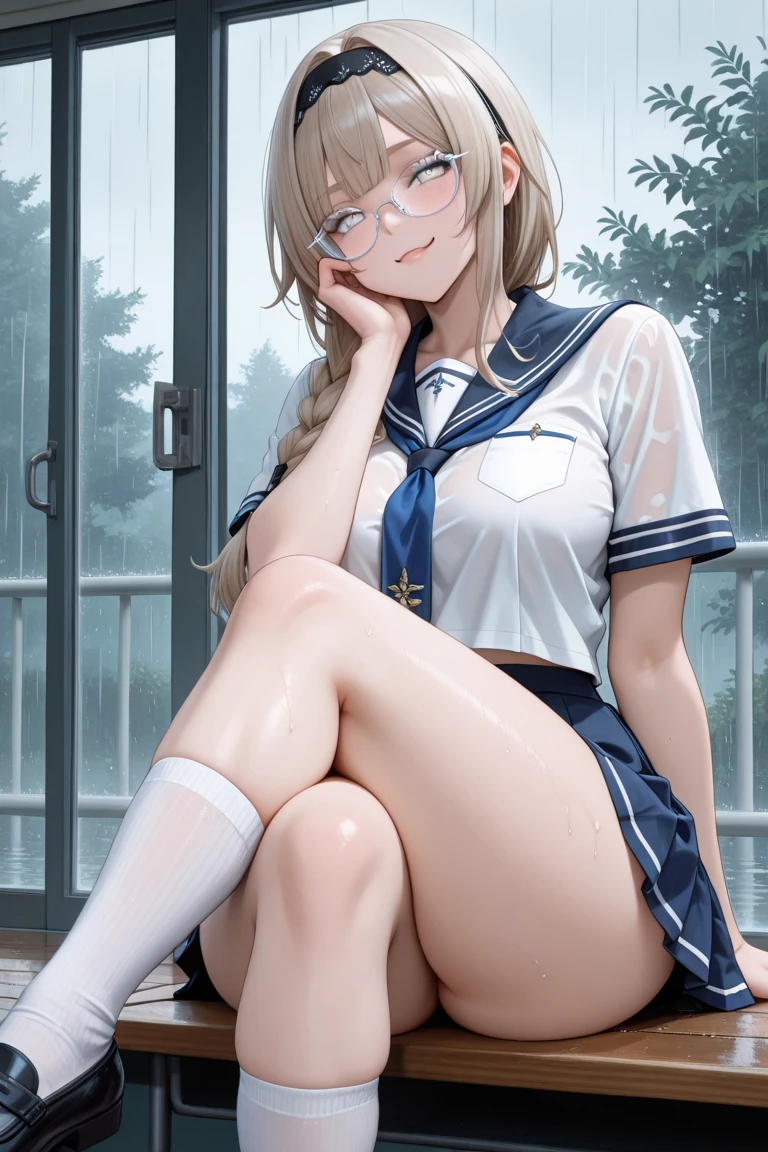 (Very detailed, highest quality, Anatomically perfect body), One girl, Anime Girls, Brown long hair, Brown eyes, Pink Glasses,heart shaped pupils,Sunburned skin, Super big ,beautiful breasts,pointy breasts,(Big Ass),(My lower abdomen is bloated),(Urge to urinate),sweat,wet,squatting,(open legs),Sailor suit,Wisteria flower,(water),(Rub your thighs together:1.3), Leaning forward,bladder full, (Urge to urinate:1.3),(Erotic Body Twist:1.4),