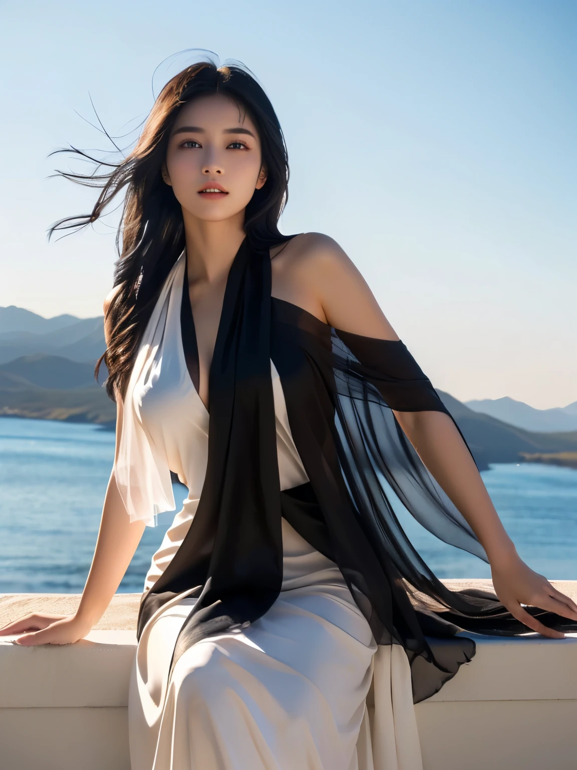 Girl with long, flowing black hair and brown eyes. the skin is clear and white. expression is calm and confident, Slightly mysterious. wearing a chiffon stole in a white dress with an open . Dramatic lighting accentuates the sharp features of her face and the fine shine of her hair。Ultra Fineな質感, precise costume details, with cinematic lighting, drawn like a live action, 8k resolution, Ultra Fine, masterpiece, cinematic style. busty:1.5