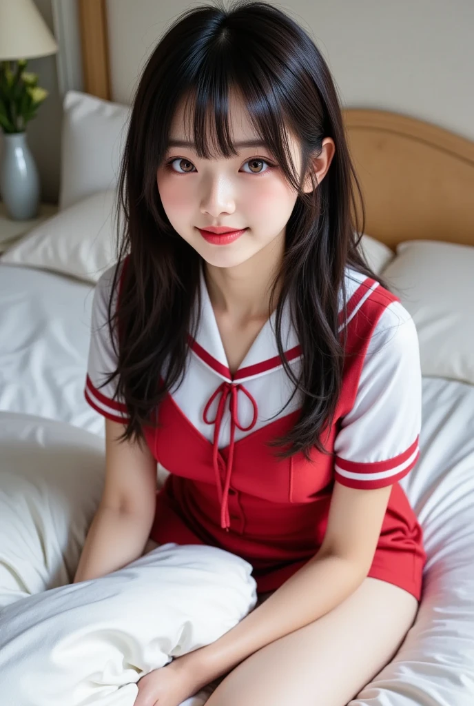 ((highest quality, 8K, masterpece :1.4,anime)), highest real,Sharpness:1.3, Perfect Body Beauty:1.4,perfect description:1.3,super detailed face and skin texture,((super real,best quality)),(soft lighting),super detailed face, fine eyes, double eyelid,pov,(((1 girl))),((make eye contact with the audience)),((Composition from the front:1.2)),fine detail,highly detailed face and eyes, (cute face:1.6),((only two arms,only five fingers,perfect hands))----☆--- (selfie).((NSFW:1.7)), my sister,18years old,(Beautiful brown hair:1.2,long hair,CUTE HAIR STYLE), (huge breasts :1.8,beautiful areola,small areola), (SMILE FACE:1.4),pov,1 boy,(close up face:1.5,UPPER BODY:1.4),--☆--(Inside the room, bright room, large windows, sunlight shines in)school uniform,sailor suit,RED RIBBON TIE,she is wearing an white shirt,RED SKIRT,Red and white check pattern,((nude)),((lie on your back on the bed:1.4))),(open legs:1.6),(penis in pussy),((cum in pussy:1.4)