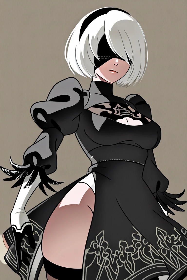 yorha no. 2 type b, blindfold, mole under mouth, mole, black blindfold, sword, hairband, weapon, dress, rating:safe, clothing cutout, katana, puffy sleeves, 1girl, black dress, juliet sleeves, cleavage cutout, black hairband, silver hair, weapon on back, upper body, medium breasts, breasts, short hair, long sleeves, feather-trimmed sleeves, pod \(nier automata\), pink lips, tassel, feather trim, cleavage, covered eyes, facing viewer, vambraces, no mole, white leotard, greatsword, turtleneck, nose, solo, gloves, sword behind back, robot, holding sword, parted lips, teeth, drone, lips, ruins, huge weapon
