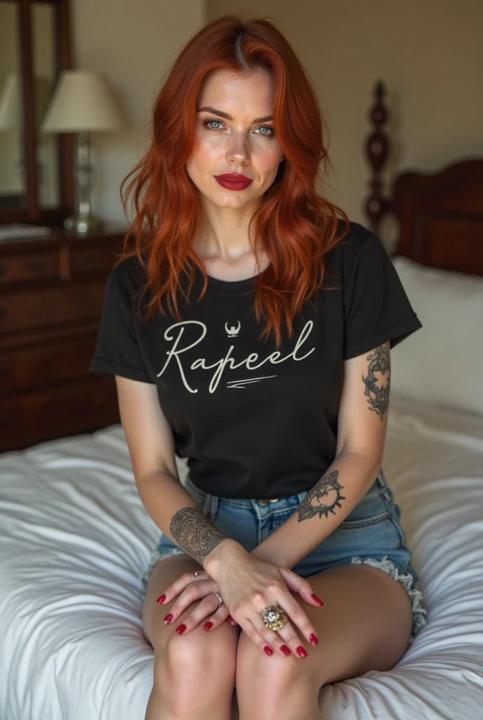 Photo of woman, ash blonde-black balayage hair, long straight hair, huge pin up eyelines, high quality, photorealistic, black t-shirt, tattoo