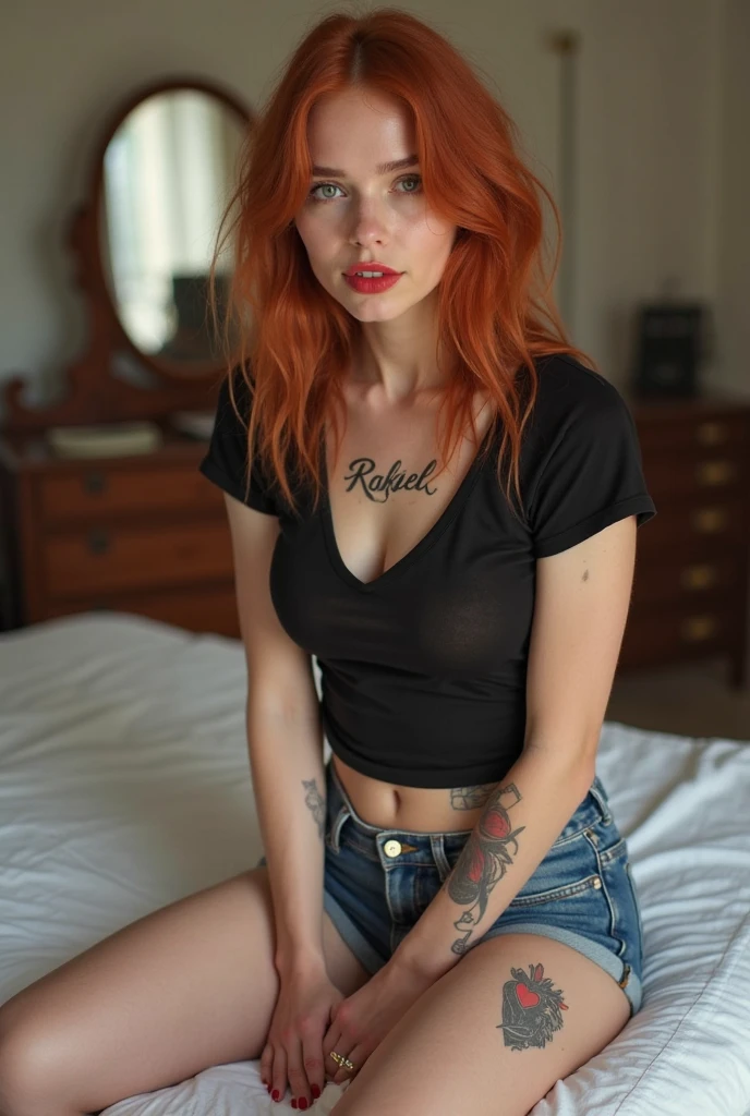 ((best quality: 1.5)) ((masterpiece: 0.8)), intricate details, sharp focus, professional, real life, realistic representation of the face, dynamic pose, in the style of realistic and hyper detailed renderings BREAK (((Muscular woman, ((body tattoos:0.4, (((lounging, groping, black skirt, white panties), blackout goth eyeshadow, red lipstick)))), golden hour, ((((long orange wavy hair)), [flat chest:medium breasts:0.8]), indoors, couch), pouting, freckles: 0.7))), photorealistic, hyper-realistic, 8K