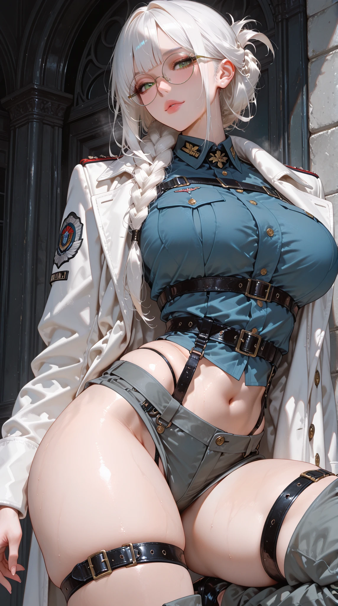 (((beautiful))),yulha,hair ornament, white coat, black gloves, red shirt, cleavage, leotard, belt, black pants,sharp teeth,huge breasts,(((shiny skin))), ((intricate details)), hdr, ((intricate details, hyperdetailed)), cinematic shot, (((sitting in bed))), vignette, art by alphonso mucha