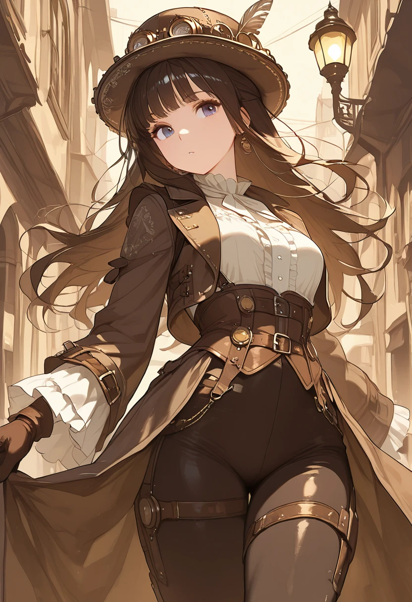 ((highest quality, 8k, masterpiece :1.3)), One girl, smile, (((Woman warrior:1.2, Detailed Weapons, Combat Uniform))), (((steampunk))), city, Crowded buildings, exposed gear and pipes, gear, (Thick Pipe), Covered Bridge, Gloomy Weather, chimney, Awkward mechanical device, irregular buildings,