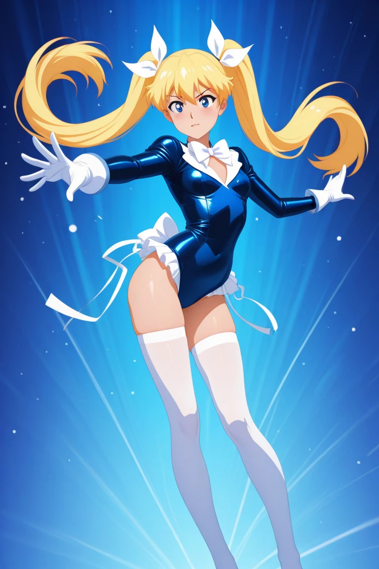 masterpiece, best quality, highres, 1girl, solo, superhero, leotard, bare legs, boots, matching boots, aura, blue aura, sleeveless, gloves, bracelets, matching gloves, looking at viewer, light particles, space backdrop, perfect hands, perfect eyes, powering up, perfect leotard, perfect legs, perfect arms, perfect fingers, blue and white leotard, blonde hair, blue eyes, medium breasts, long hair, spinning, tornado spin, whirlwind spin, wind particles, light swirls, tornado, hurricane spin, time travel, tornado winds, cyclone spin, standing, super spin, rapid gyration, back view