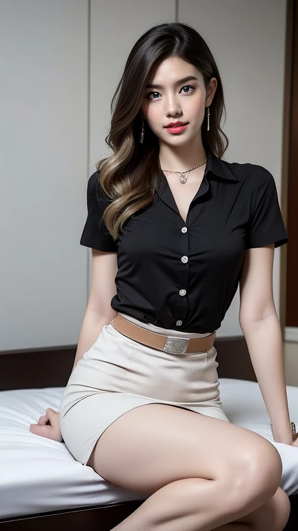 Zhang Ziyi wearing unbuttoned long-sleeved shirt and dotted panties and smiling