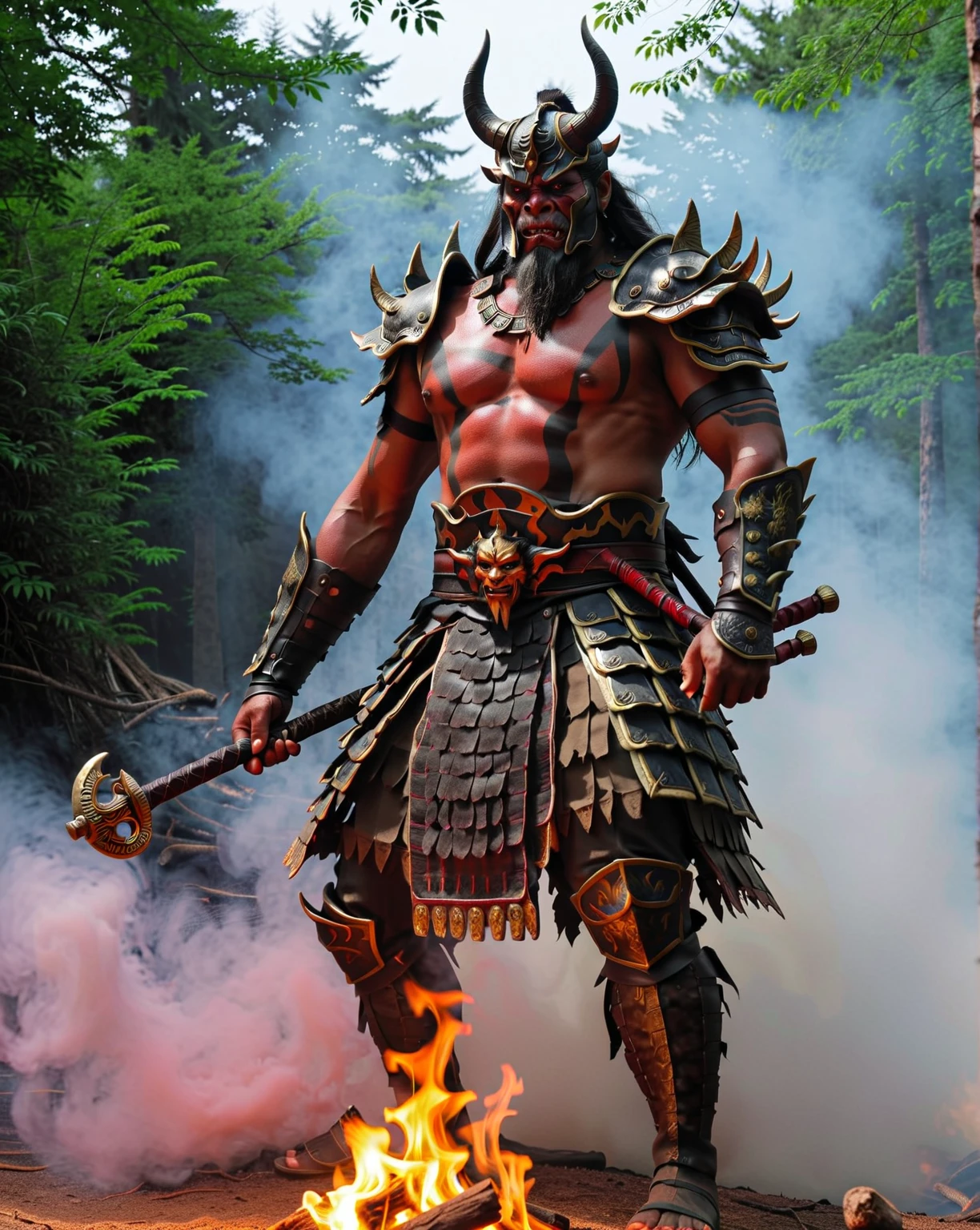 

「In a scene filled with the ethereal beauty of a full moon night, on the legendary Onigashima, a formidable demon stands with a kanabo (a heavy club) raised, ready for battle. The demon, exuding power and menace, is illuminated by the soft, eerie light of the moon, creating a stark contrast with the serene beauty around. Surrounding the demon are cherry blossoms in full bloom, their petals caught in a gentle yet tumultuous flower blizzard, swirling around the scene in a dance of light and shadow. The ground is covered in a carpet of petals, and the air is filled with the sweet scent of cherry blossoms, juxtaposed against the looming threat of the demon. This scene captures the juxtaposition of beauty and danger, with the tranquil allure of the cherry blossoms set against the dark legend of Onigashima.」
