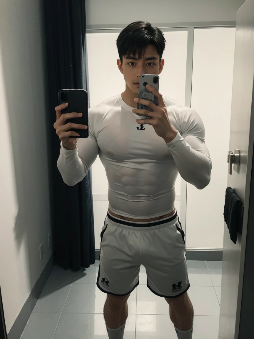 homem asian, men, pele lisa, sem camisa, peito musculoso, bulge grande, volune na cueca, pose natural, pernas abertas, white room