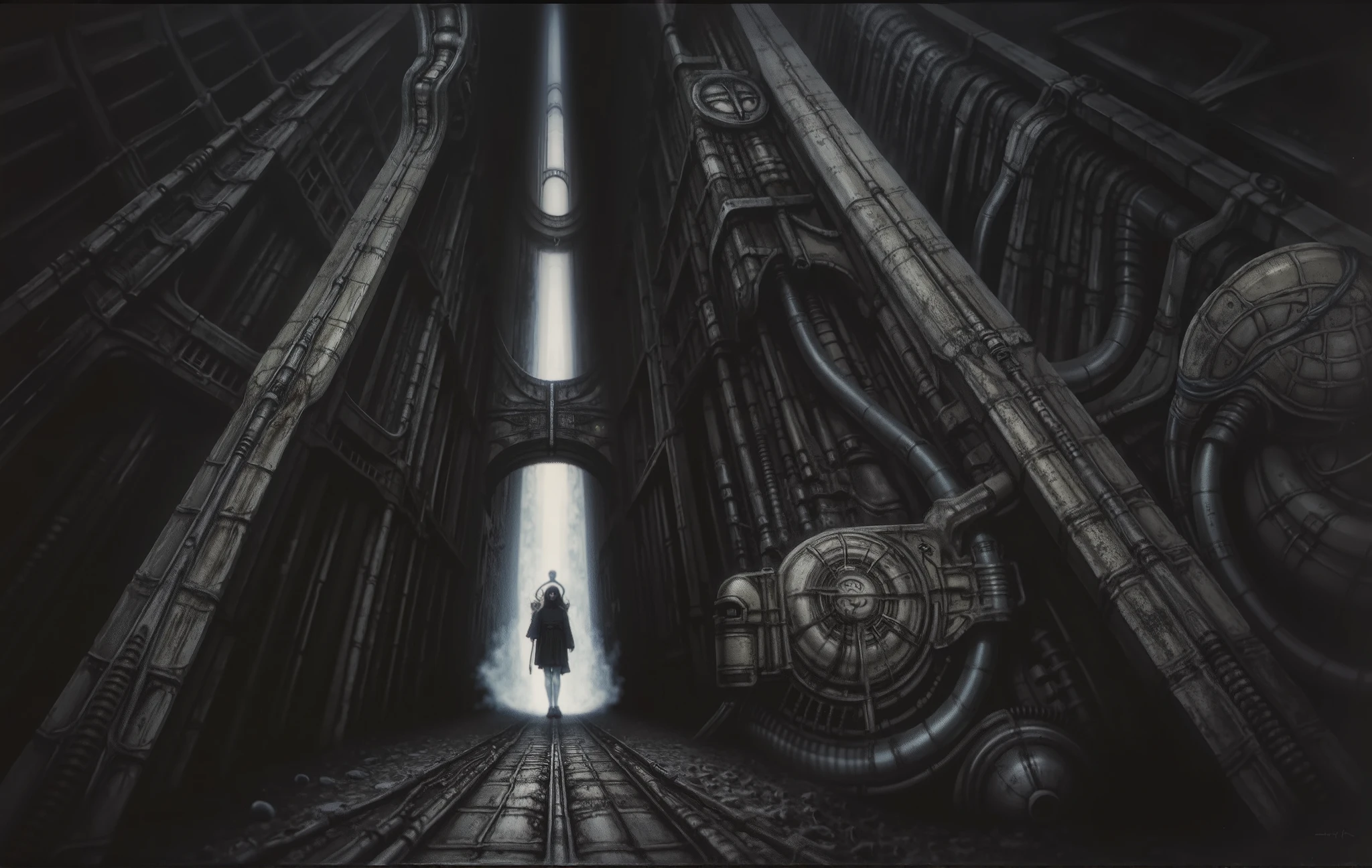 Create a biomechanical surrealist composition in the style of H.R. Giger The image depicts a highly detailed, intricate mechanical structure that is opened criocapsule with a futuristic design, supporting pipes, valves, and complex mechanicals emphasizing an intimate, enclosed environment constructed from a dense, interlocking matrix of sinewy tubes, hydraulic pistons, and organic armor-like forms. The composition should follow a horizontal, womb-like curvature, drawing the viewer's gaze into the center where a stylized humanoid figure—feminine and serene—is embedded and partially fused into the surrounding machinery. Her face should be smooth, doll-like, and expressionless, emerging from a coil of dark, flexible conduit, with her body either incomplete or replaced by amorphous, ovular biomech structures.
The structural layout must be closed and compact, with every form interdependent and overlapping: large crescent-like forms embracing spherical and pod-like volumes, smaller pipework coiling into and emerging from larger vertebrae- or muscle-like shapes. Visual rhythm is created by alternating convex and concave forms, mimicking anatomy—tendons, bones, and soft tissue—integrated with mechanical components like couplings, ducts, and industrial plating.
Lighting should be minimal and dramatic, with diffuse overhead shadows and luminous uplighting reflecting softly off pearlescent, metallic surfaces—creating contrast between slick, polished tubes and matte, textured zones. Surfaces must exhibit wear: micro-pitting, scratches, and oil stains, evoking a lived-in, post-organic dystopia. The artistic style is hyper-realistic in detailing, but deeply surreal in essence—melding flesh with machine in a claustrophobic harmony. All elements should feel gestated in the same biomechanical womb, part erotic, part industrial, and deeply uncanny.
, (Proportion:1.1), , (Reflected light:1.2), Parchment, ultra detailed, intricate,, dry b (best quality:1.4), H.R. GIGER, BY GIGER