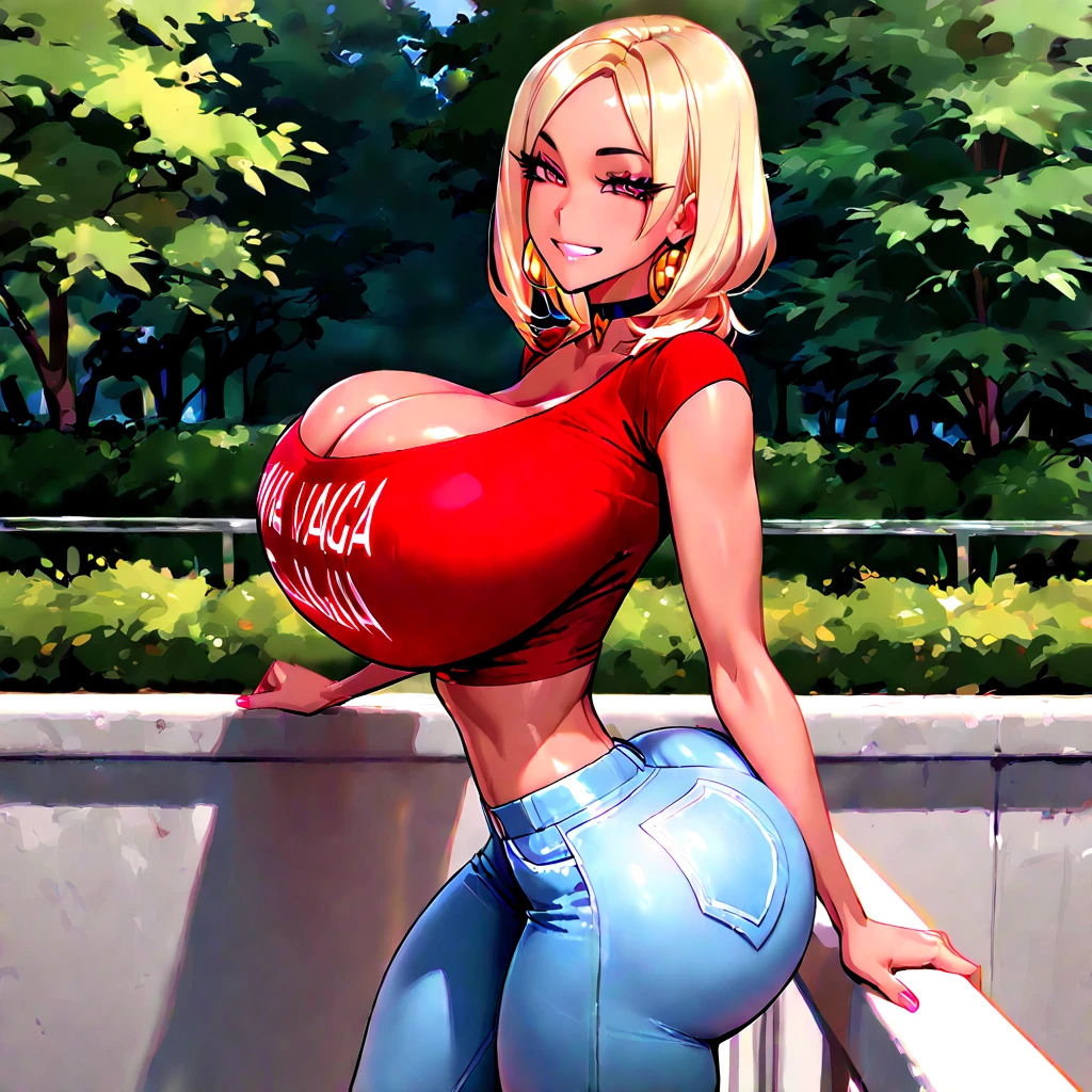 Sandy blonde hair, glasses, bright green eyes, stockings, crop top, big , thick thighs, hours glasses, wavey hair, black knee high socks, skirt, black skirt, red dragon crop top, big , peace sign, ((peach lips)), smile, cute hair style , white skin