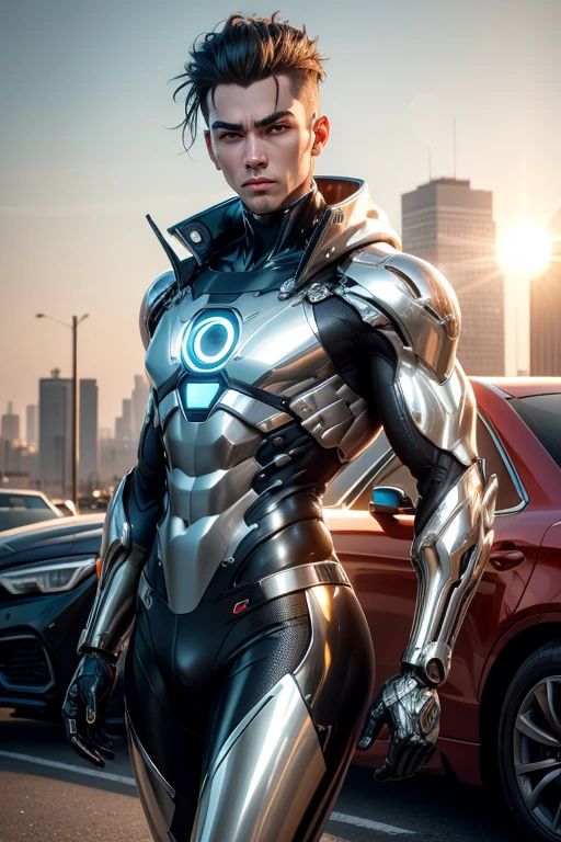concept-art, Photorealistic, perfect head, Detailed face, Full body, Male, Marvel-style character, Brown hair, Brown eyes, brown skin, orange-navy blue tight suit, shoulder protections, orange chest and skirt, orange gloves and boots, medallion with blue gem, futuristic asian city background,8K,hdr,Sharp,Detailed,