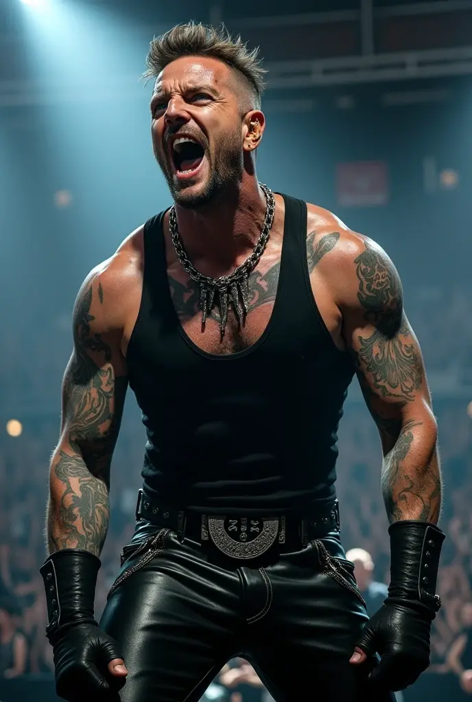 create a man who sings rock, high, short hair, blue eyes, splattered nose, black leather clothing, with tattoos on the arms neck back