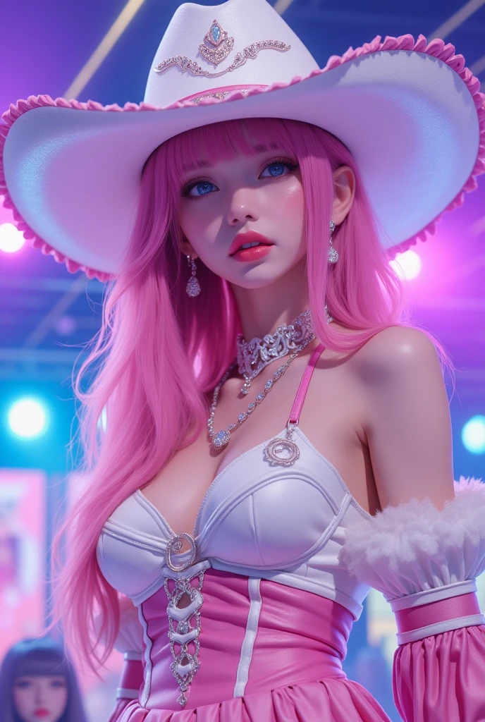 1girl, woman, vegas show, feathers, massive breasts, pink hair, bouffant, vegas at night, smile, heavy makeup, deep makeup, makeup, glam style makeup, eyeliner, mascara