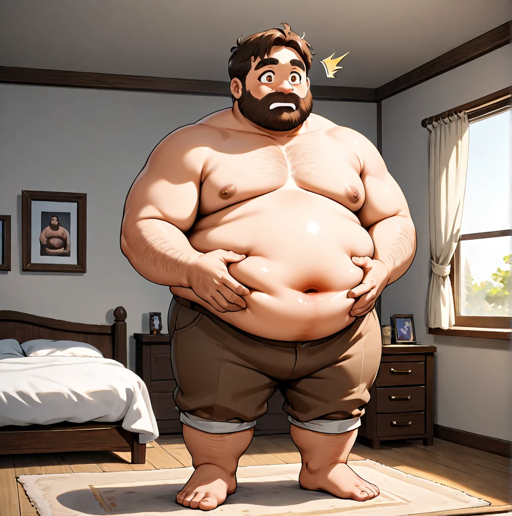 40 years old Male, tall, giant body, handsome, dad bod, beefy, strong arms and legs, wide shoulders, a bit chubby muscle gut, a bit of fat but still very muscular, extremely hairy, short beard, wearing a black bathrobe with long sleeves, wearing a black boxer brief, unreaslistic big bulge inside boxer brief, barefoot, standing casually, smiling widely, spacious modern living room, full body picture,