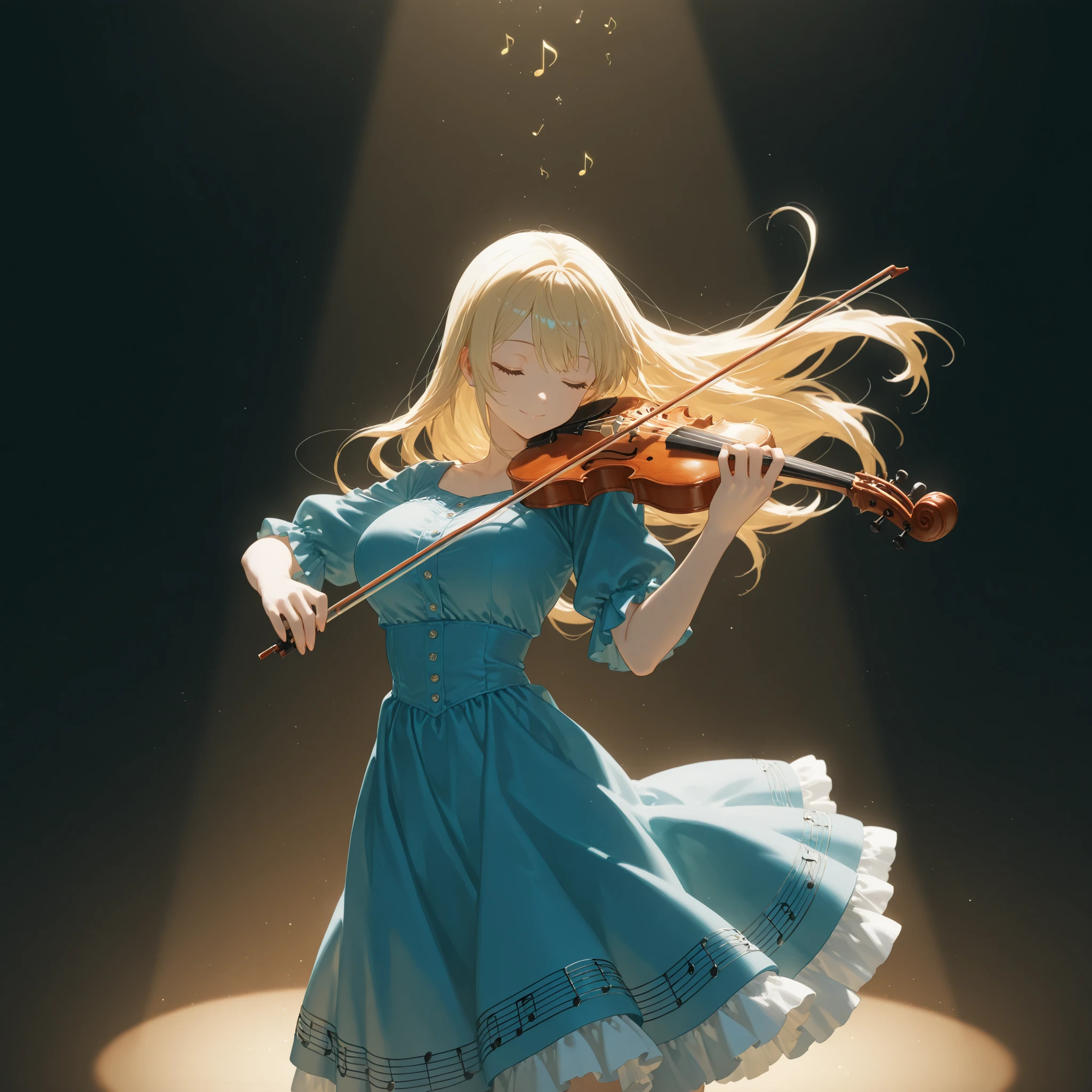 masterpiece, best quality, good quality, PEAnimeBG, Background, anime, scenery, safe, 1girl, solo, long hair, large breasts, blonde hair, looking at another, simple background, dark background, standing, blue dress, (holding bow (music), violin), music, closed eyes, smile, (musical note), spotlight, (close-up:1.2), floating hair, from side