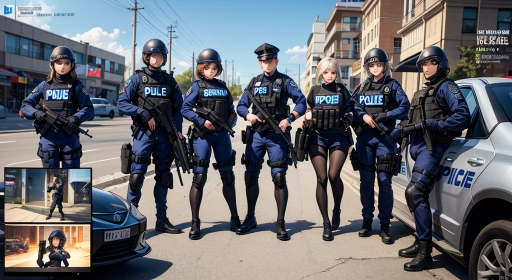 Masterpiece, best quality, detailed face, MILF, blonde hair, Police uniform, police trousers, standing, hands on hips, police cap,in street, looking at viewer, neutral face