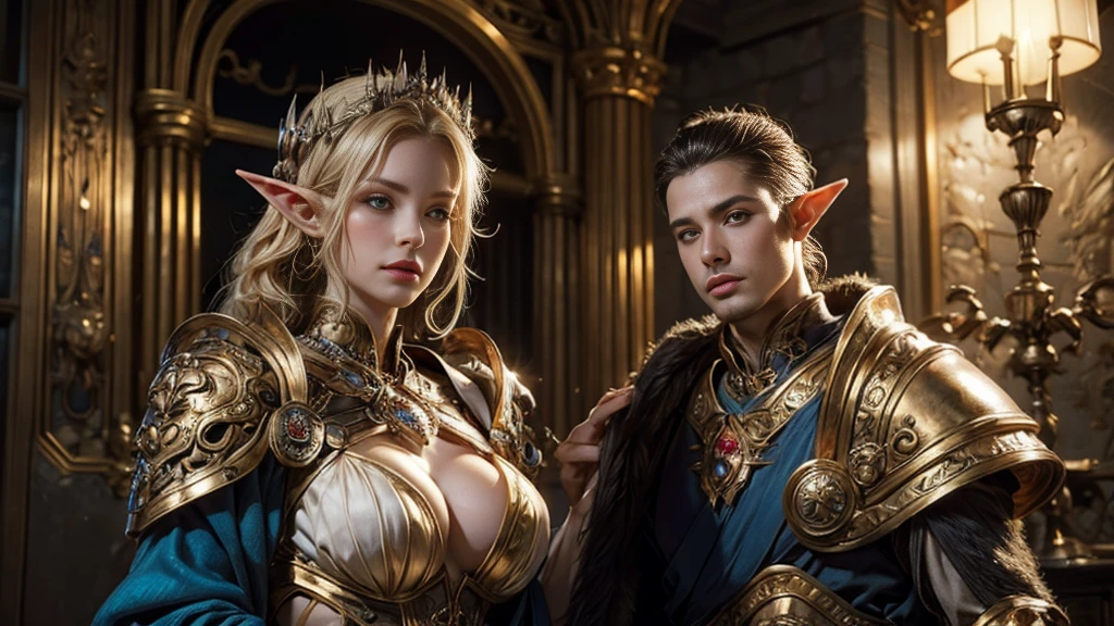 Generate image in medieval fantasy art style, OpenArt SDXL model. Humas Twin sisters; first one in elegant elven chainmail, the other in a traditional Viking dress. Both have long, flowing hair and fierce expressions.