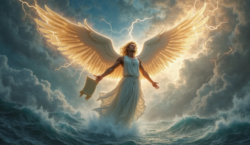 Generate an image of a winged Greek, blond, who has fallen into the stormy sea
