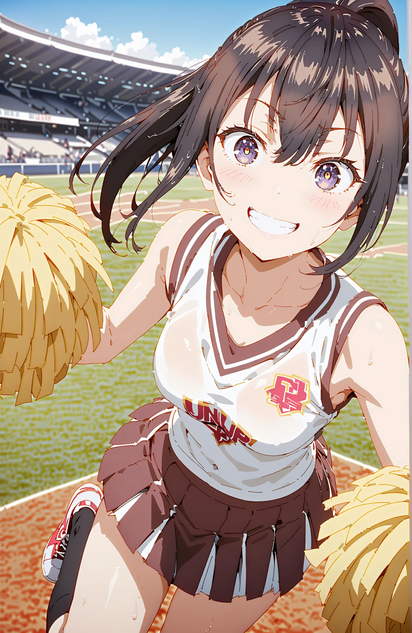score_9, score_8_up, score_7_up, source_anime, yuki suou,side lock, bungs, brown hair, black hair, hair between eyebrows, purple eyes, ponytail,smile,blush,grinning,(cheerleading), (full body), on chest, (sweated), sweated Wet Clothes, (white clothes),Sleeveless, pleated skirt,black socks,sneakers, stomach button support , playground, (jump), (jump),両足を曲げてjumpする, , blue sky, Compa, smile,cheerleader, Pom-pom \(cheerleading\) real hair ornaments,full bodyがイラストに入るように,break looking at viewer,full body,
break outdoors,stadium,,
break (masterpiece:1.2), best quality, high resolution, Unity 8Kの壁紙, ( illustration :0.8), (beautiful detailed eyes:1.6), Highly Detailed Face, perfect lighting, Highly Detailed CG, (perfect hand in h, perfect anatomy),