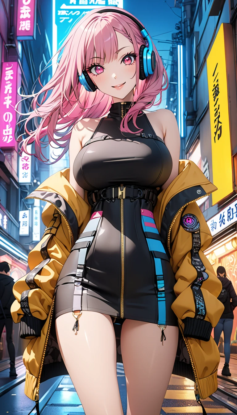 KJOmarin,gal,10th Generation,cyberpunk風ミニワンピース,headphones,LONG HAIR, Gold,pink eyes,piercing,slender,Big Breasts,Shaped eyebrows,smile,cyberpunk,Japan,neon,street,night,summer,4K,8K,Extreme Detailed Depiction,Precise Details,bright colors,Digital Paint,fashion photography,masterpiece,Head to thighs, the exact number of fingers 、 Accurate Foot Count 、(Exact arm count:1.0 、 Exact number of hands:1.0 ) 、( perfect hand in h 、 perfect )
