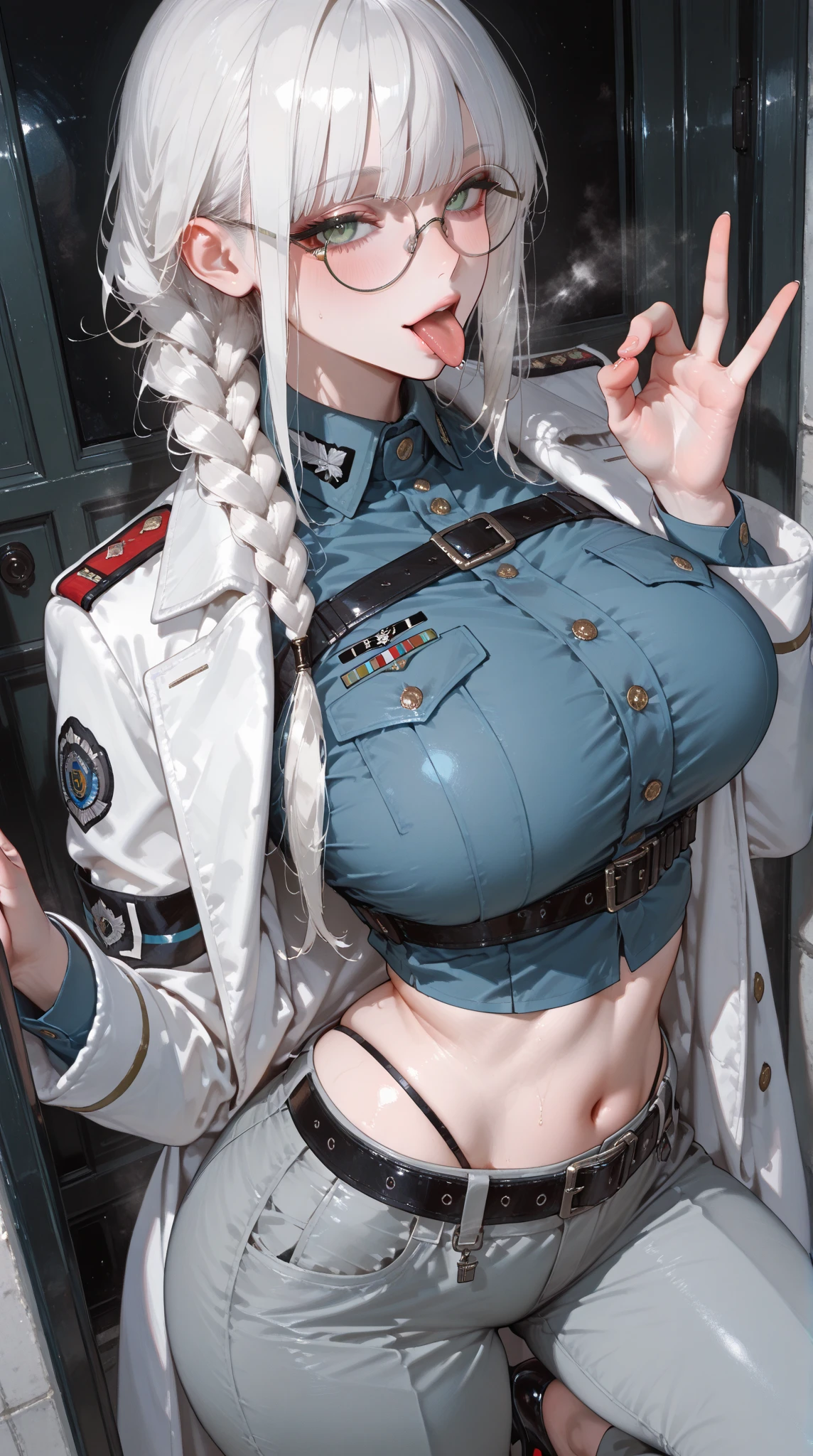 (Masterpiece:1.4), (best quality:1.2), looking at viewer, curvy, busty,
1girl, solo, standing, mature female, smirk, busty, thick thighs, different angle,
huge breasts, wide hips,
privaty \(nikke\), military uniform, long sleeves, straps, hat, white headwear, black thighhighs, uniform, light blue hair, long twintails,
indoors, rich lightning,