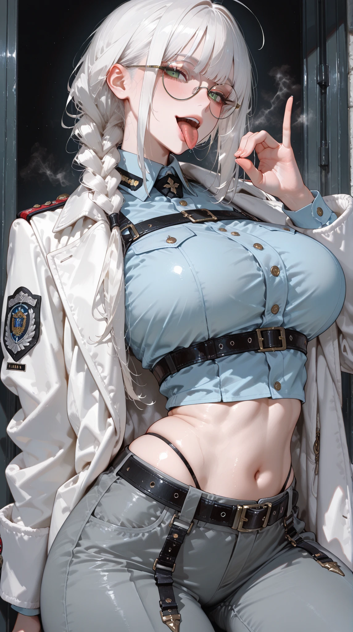 Adult woman, short white hair, high ponytail, blue eye color, White luxury jacket, pants, open breasts, blue lipstick, ssmile, Masterpiece, hiquality
